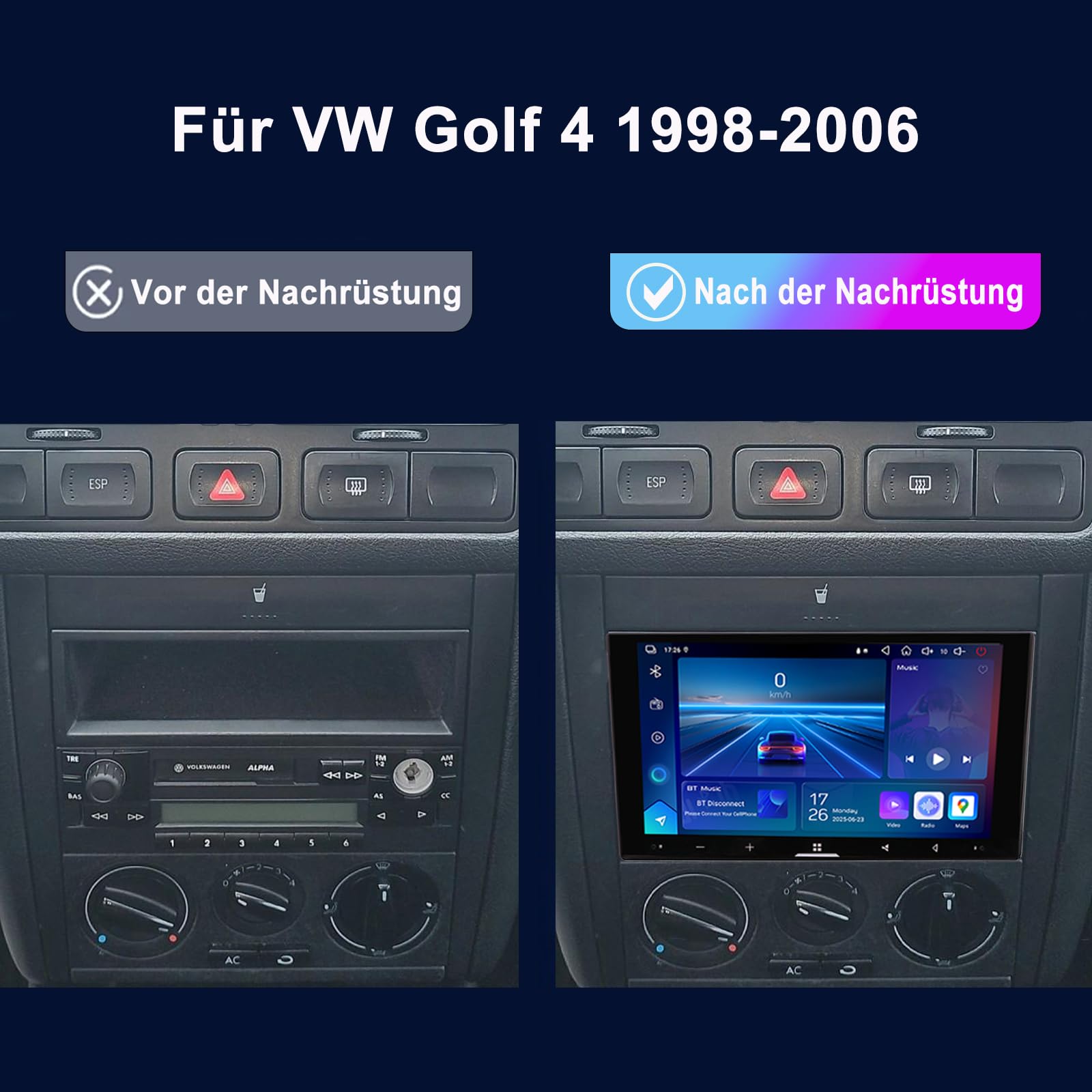 4GB+64GB Android Autoradio für VW Golf 4 1998-2006 2 Din, 7 Zoll 1280x720 QLED Bildschirm mit Wireless CarPlay & Android Auto, 1080P Rückfahrkamera, GPS Navi, WiFi, Bluetooth, DSP, RDS, USB