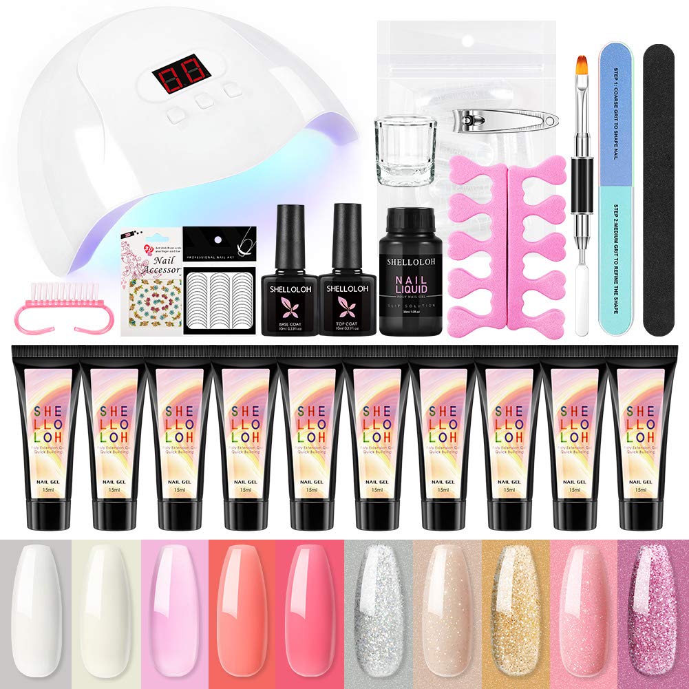 Poly Nail Gel Starter Kit with 36W U V Lamp,10 Colors Poly Extension Gel Kit Slip Solution Base &Top Coat and Nail Tips French All In One Kit for Nail Manicure Beginner DIY at Home girls Gift