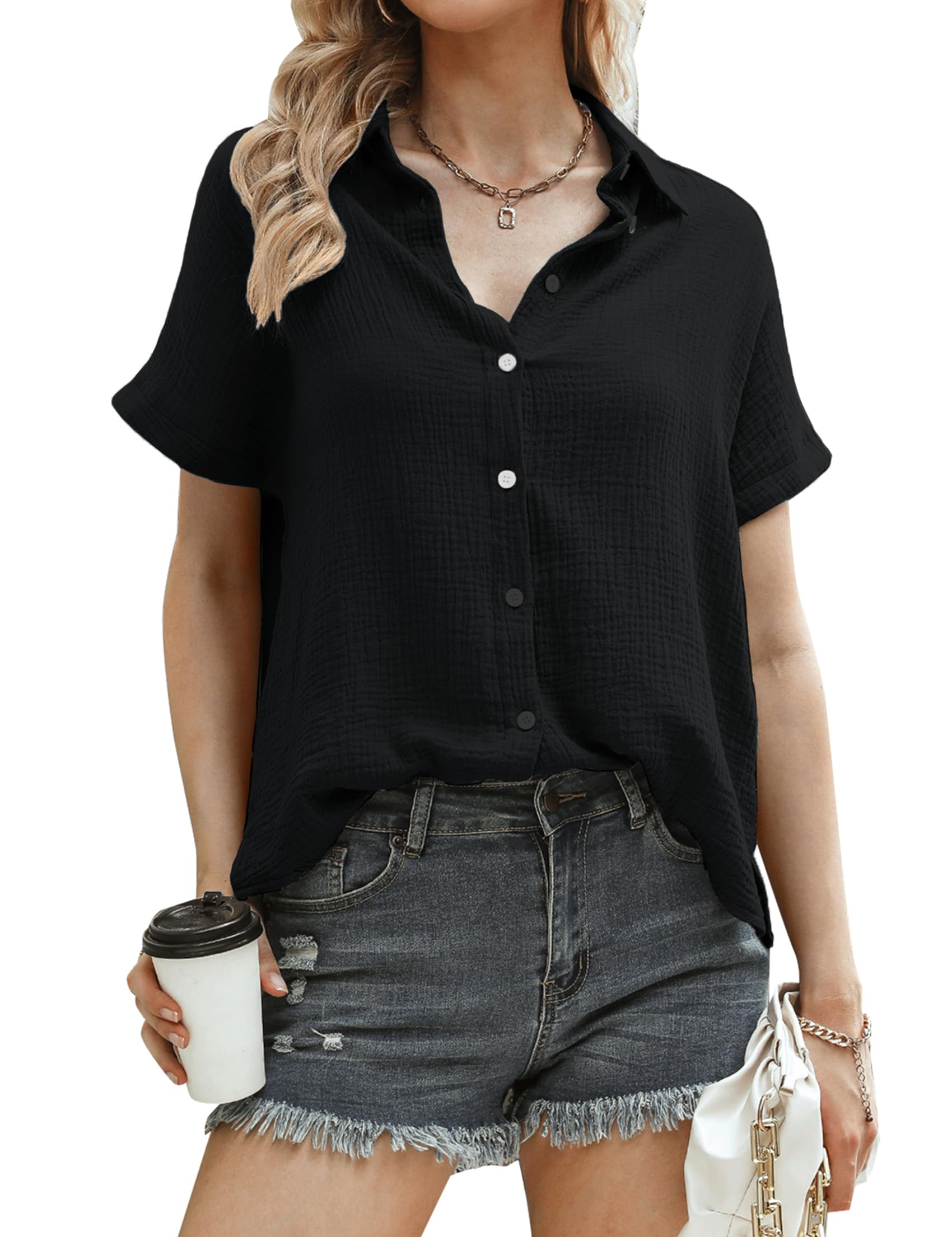 Aottori Musselin Bluse Damen Elegant Oberteile 100% Baumwolle Kurzarm Hemdbluse mit V-Ausschnitt Blusen Tunika Tops Sommer