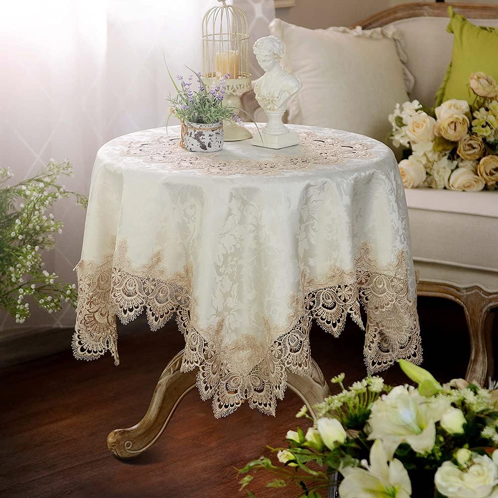 ARTABLELace Small Table Cloth Fall Christmas Macrame Tablecloth Table Topper for Thanksgiving Outdoor Farmhouse Rustic Kitchen Party Birthday Picnic (Light Brown, 51 x 51 Inch Square)