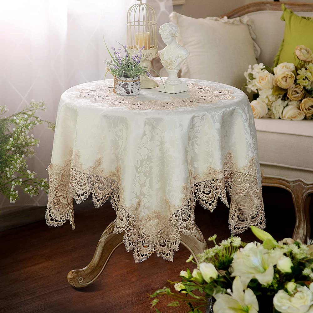 ARTABLELace Small Table Cloth Fall Christmas Macrame Tablecloth Table Topper for Thanksgiving Outdoor Farmhouse Rustic Kitchen Party Birthday Picnic (Light Brown, 51 x 51 Inch Square)