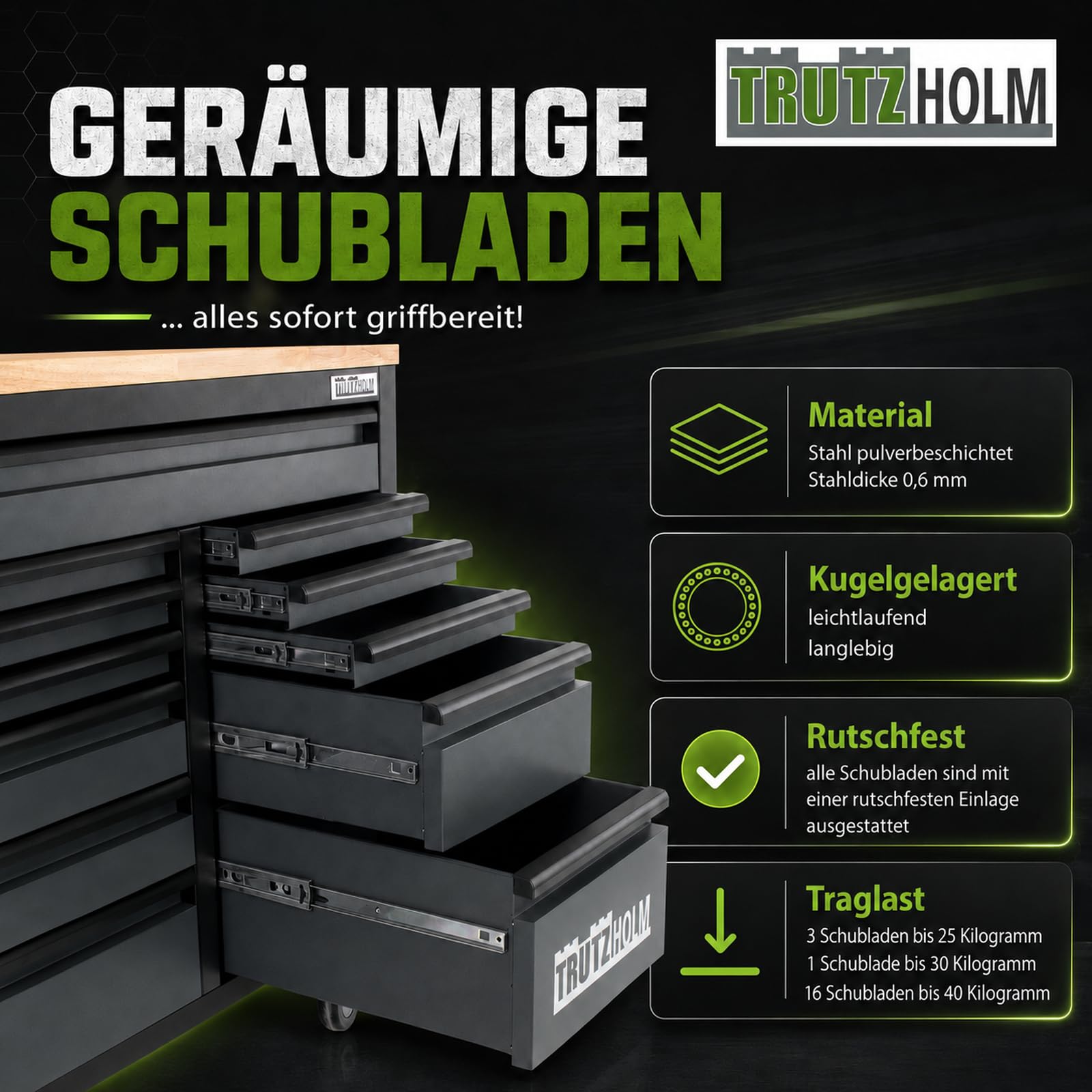TRUTZHOLM Werkstattwagen Mobile Werkbank Deluxe XXL 20 Schubladen Werkzeugwagen leer (Anthrazit)