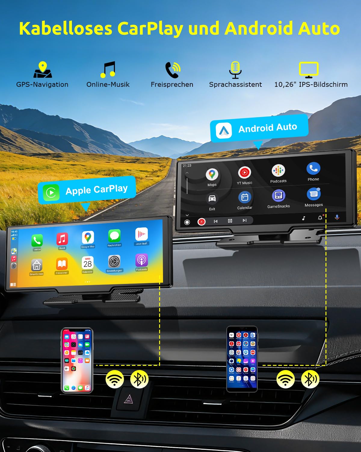 ESSGOO 10.26 Zoll Kabelloses CarPlay Display mit 4K Dashcam,1080P Rückfahrkamera & 4 Reifendruckkontrollgeräte Drahtlos CarPlay & Android Auto,Bluetooth 5.3,Mirror Link,GPS,FM,Sprachsteuerung,64GB TF