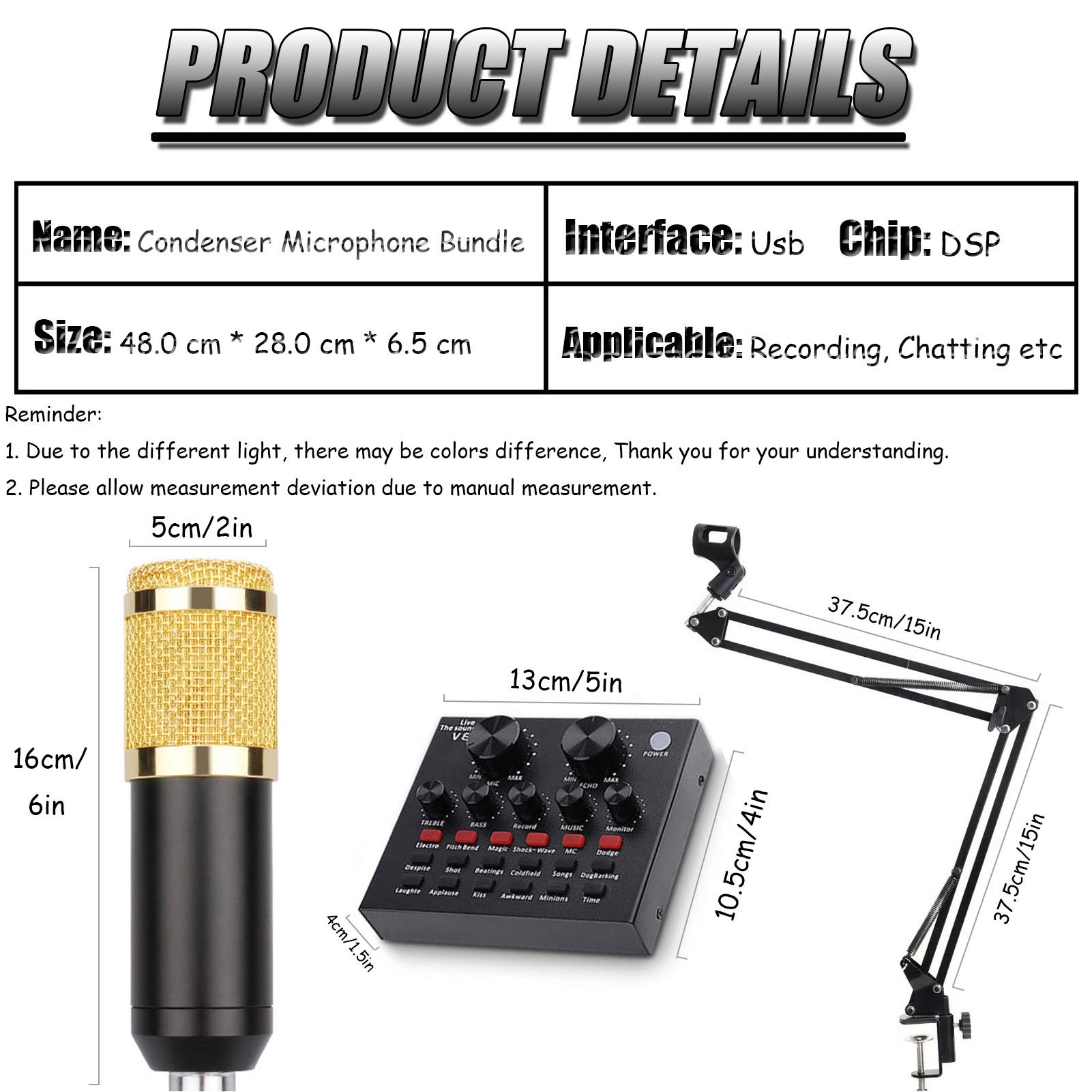 Carte son avec effets en direct Carte son multifonctionnelle en direct, ensemble de microphones pour carte son, ensemble de microphones en métal pour diffusion, support réglable, pour jeux, enreg