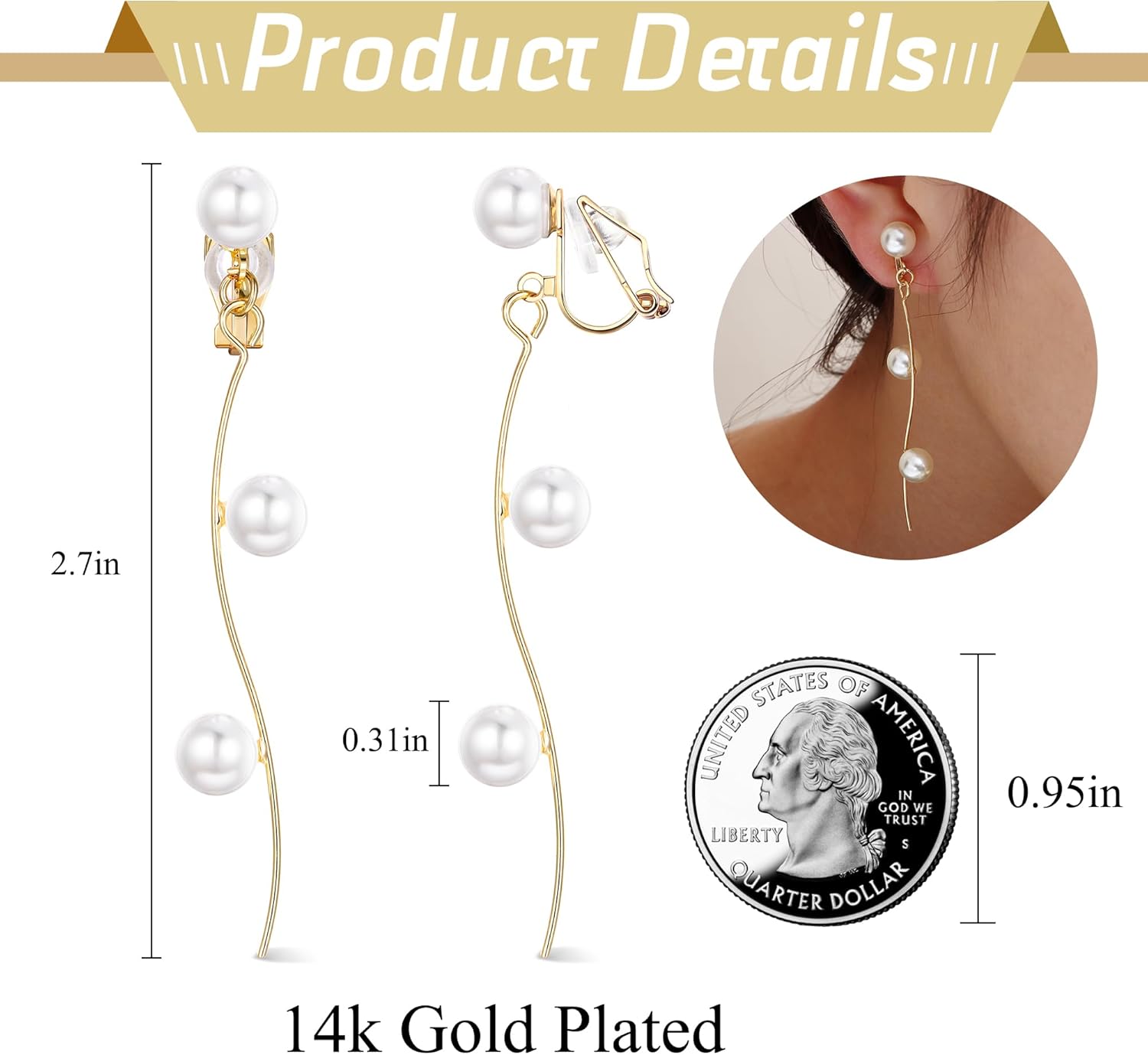 ORAZIO Clip On Earrings,Pearl Clip on Earrings for Women Long Pearl Drop Dangle Earrings,Lightweight Bow Heart CZ Clip On Hoop Earrings - Statement Fake Earrings Ear Clips Jewelry for Wedding Bridal - Image 2