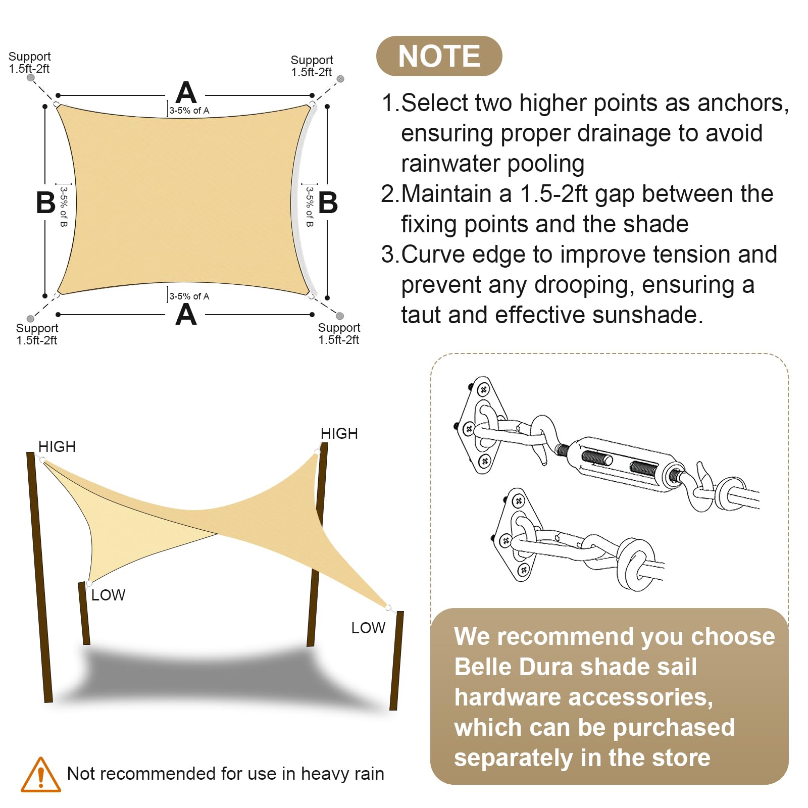 BELLE DURA Voile D'ombrage Bleue Personnalisée De 2,4 X 3 M, Anti-UV