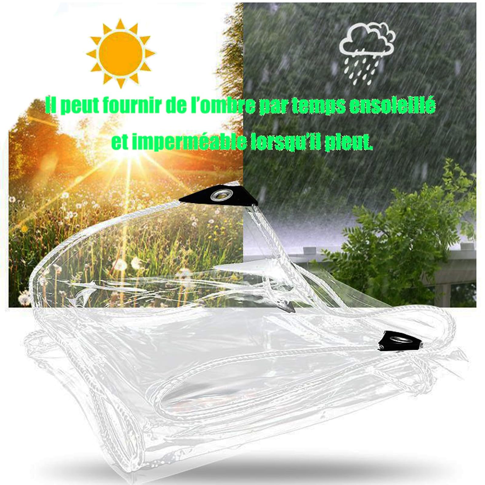 Lona impermeable transparente con ojal, 2 x 2,5 m, 0,35 mm, grosor multifunción, PVC, protección para piscina, jardín, coche, muebles, incluye cuerda y bridas