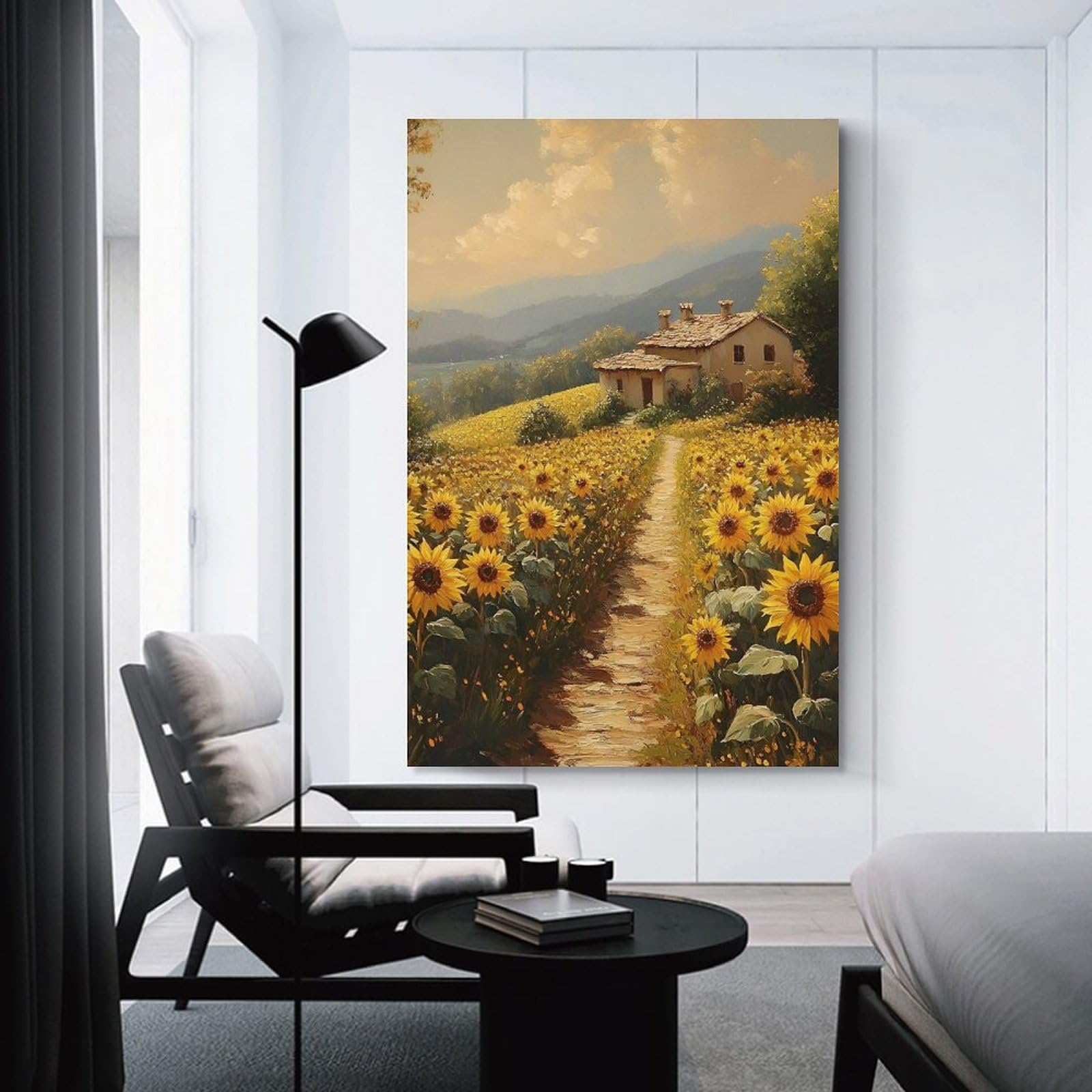 Junmoney Sunflower Field with A House Hanging Wall Art, 16x24inch(40x60cm), for New Homes, Bedrooms Or Workspaces, Thoughtful Wall Decor for Art Lovers