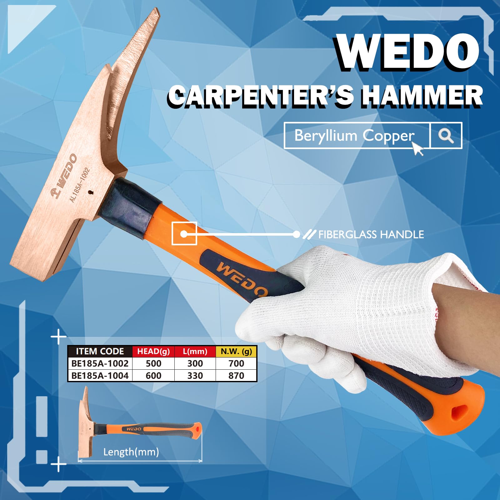 WEDO Martillo de carpintero sin chispas, martillo de marco de 500 g con mango de fibra de vidrio, martillo de garra recta de cobre berilio, longitud 300 mm, no magnético, certificado BAM y FM