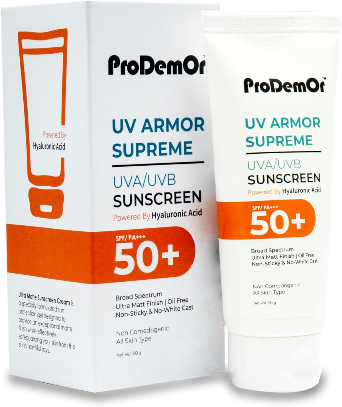 Sunscreen SPF 50+ Cream PA+++, Sodium Hyaluronate (form of hyaluronic), Lightweight, No white-cast for Broad Spectrum & Blue Light Protection for Oily and Dry Skin - 50g