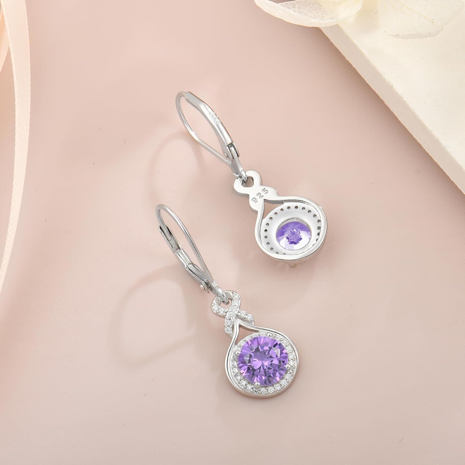 Infinity Drop Earrings for Women, 925 Sterling Silver Round Cut Zircon Leverback Earring Birthstone Jewelry Gift for Birthday Anniversary - Image 5