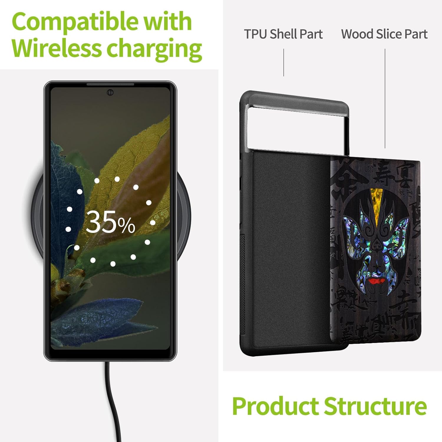 Carveit Designer Wooden Case for Google Pixel 8a Case Cover [Wood Engraving & Shell Inlay] Compatible with Wireless Chargers Pixel 8a (The Chinese Opera Mask-Blackwood)