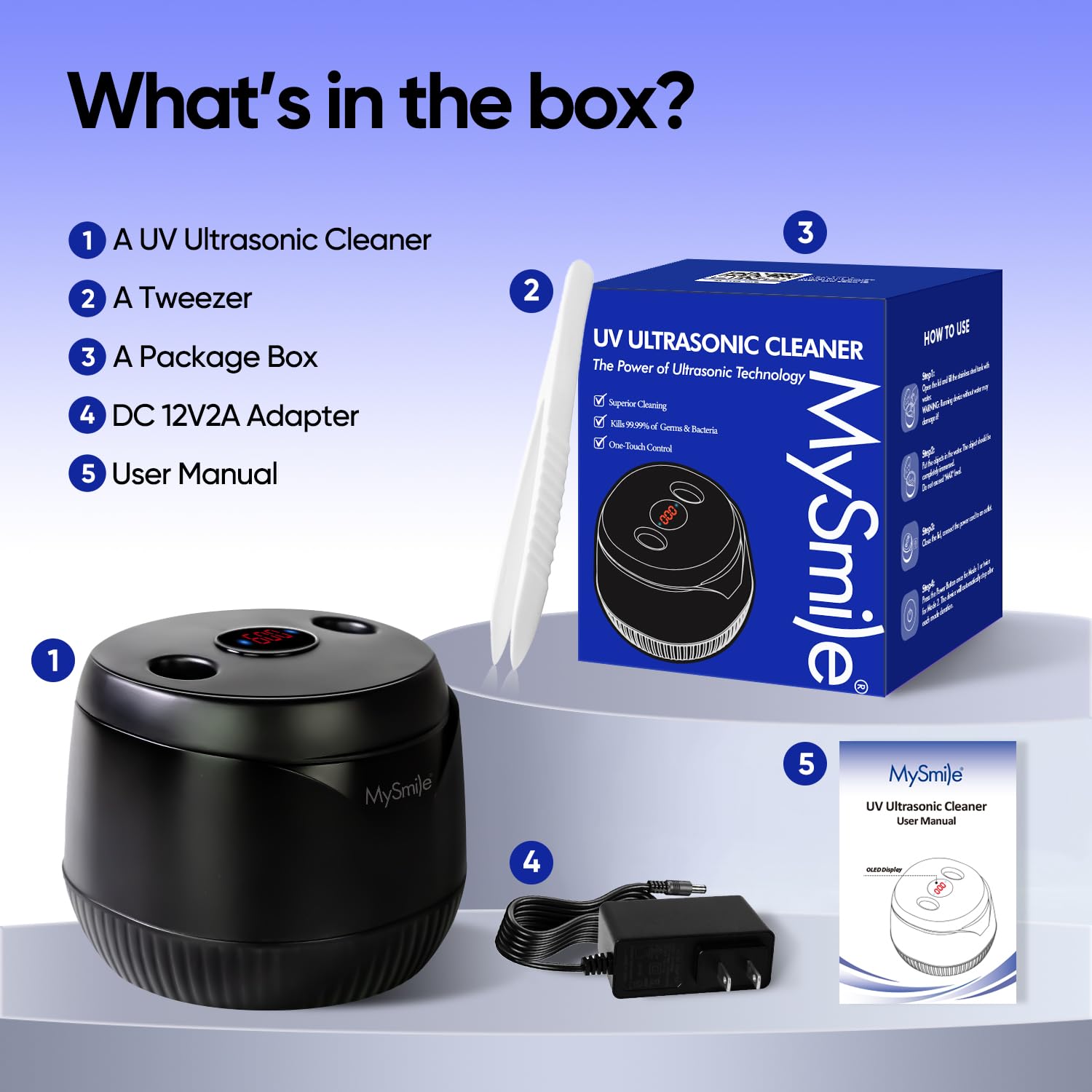 MySmile Pulitore ad Ultrasuoni 45 KHz, Capacità 200ML - Allineatori, Protettori Buccali, Apparecchi Ortodontici, Capsula Portatile di Pulizia Dentale con 2 Modalità e Timer Digitale (nero)