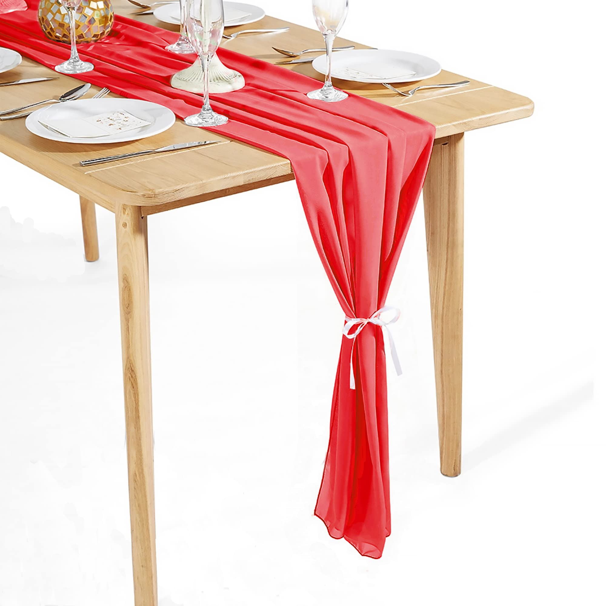 Time To Sparkle #19 Red 2Pcs 10Ft Chiffon Table Runner Wedding Decor 28X120 Inches Gauze Table Runner Rustic Sheer Table Decor For Romantic Bridal Shower Baby Shower Birthday Party Red