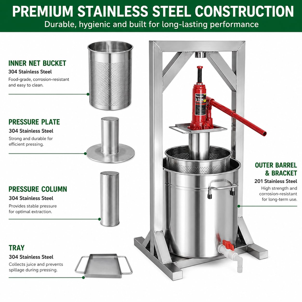 Manuelle Hydraulische Obstpresse aus Edelstahl für Apfelwein und Wein, effizientes Entsaftwerkzeug, ideal für den Heimgebrauch, 12L, 22L, 36L