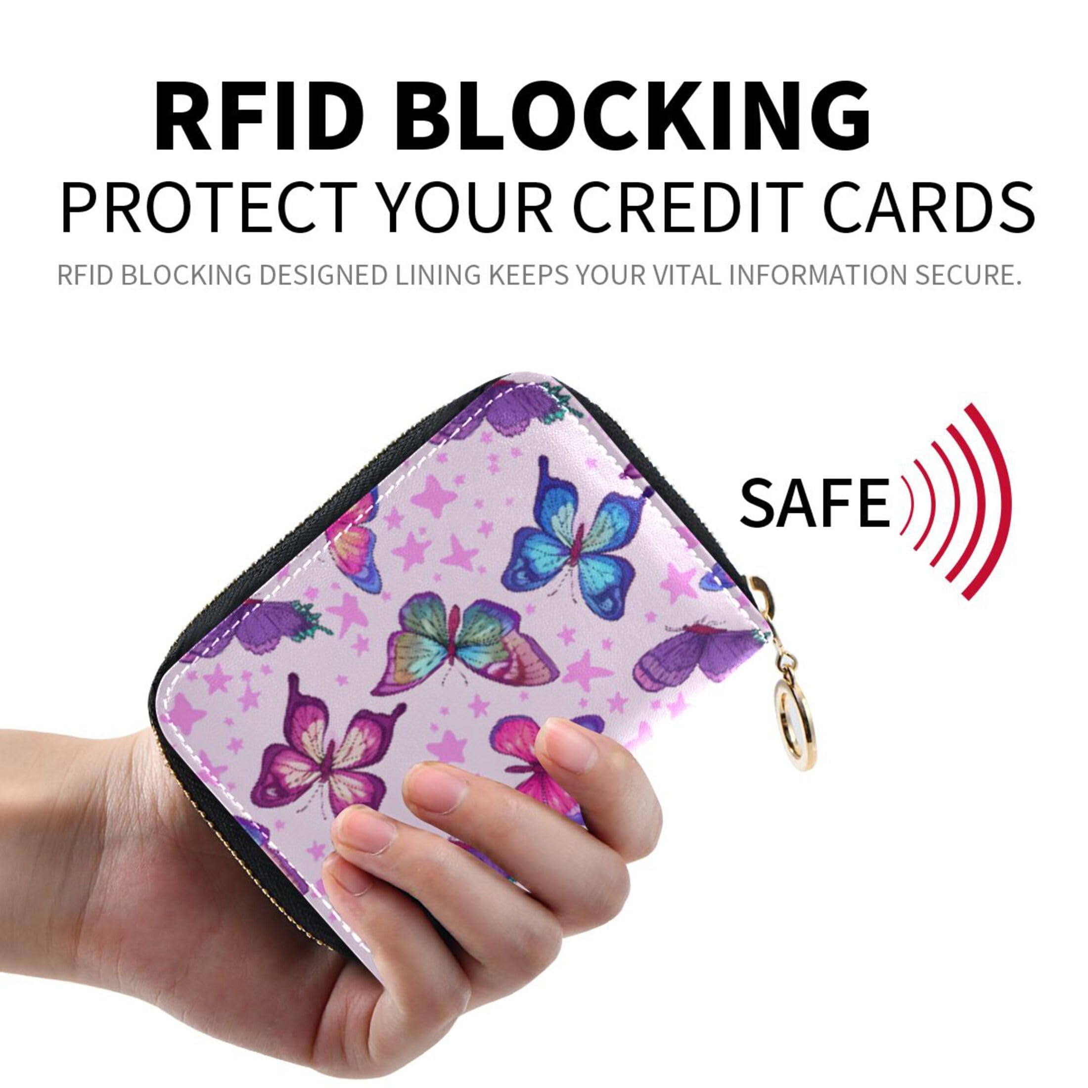 Burbuja Butterflies Credit Card Holder for Women Men RFID Blocking, Leather Accordion Zipper Card Case Wallet 11 Slots