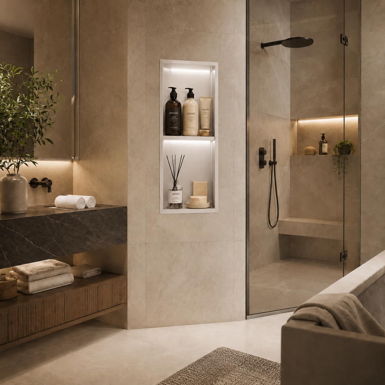 Hornacina Ducha Empotrable con LED 33x63 cm Nicho Ducha Vertical Doble Acero Inoxidable S.304 Nicho Baño Pared | Estante Ducha Iluminado Anticorrosión | MEDIMEX Marshall (Blanco Mate)