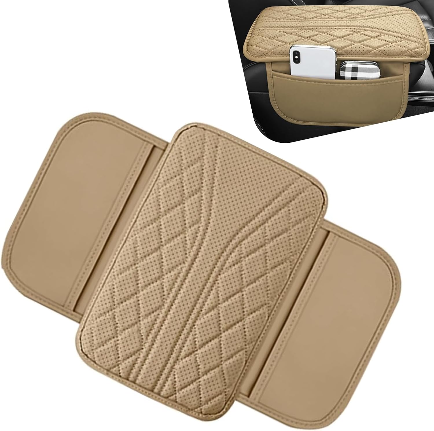 Car Center Console Cover, Leather Auto Armrest Cover, Breathable Waterproof Car Armrest Cushion Cover Pad with 2 Side Storage Bags, Universal Auto Interior Accessory for Most Sedans(Gray)