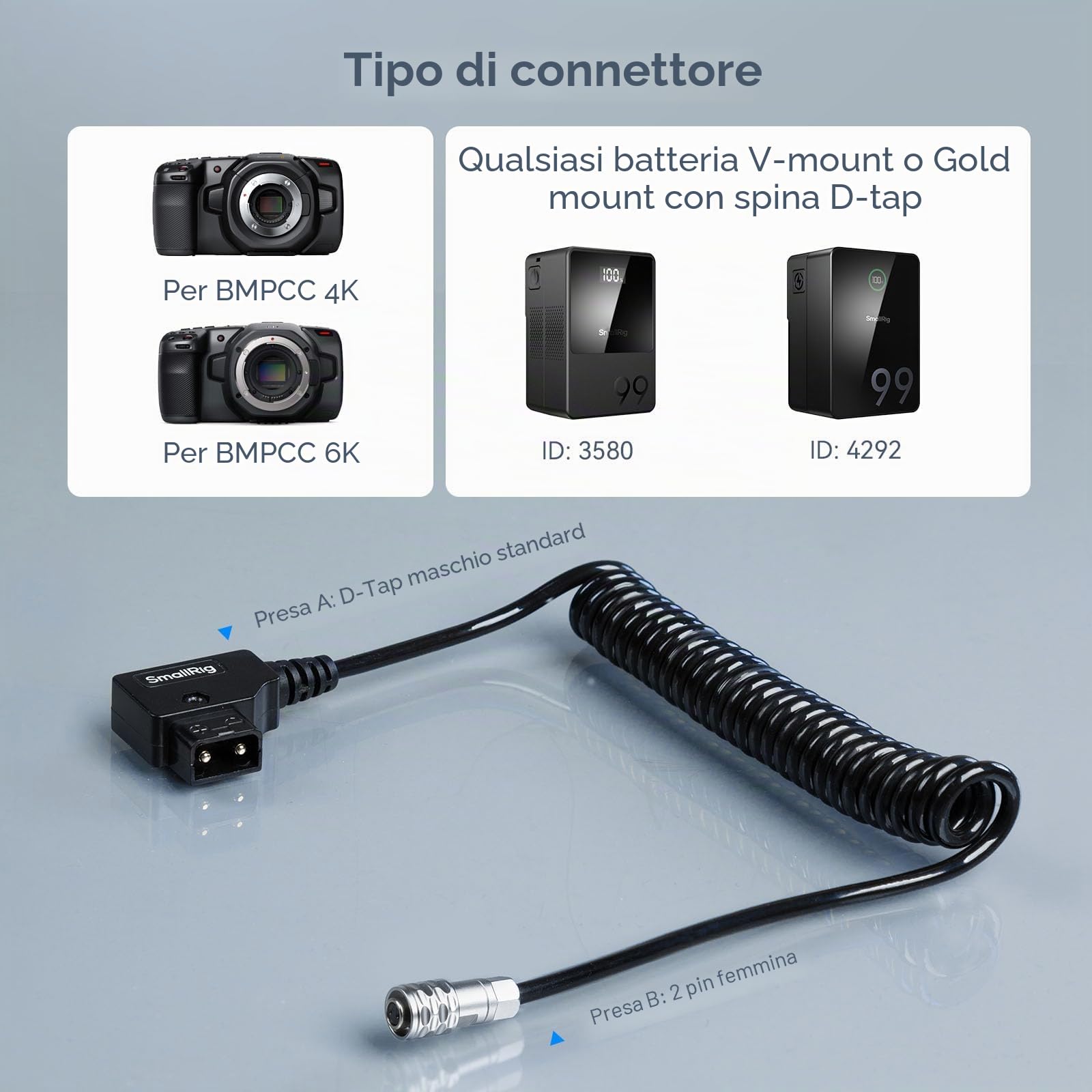 SMALLRIG D-TAP Cavo di Alimentazione a Spirale per Blackmagic Pocket Cinema Camera 4K / 6K per Batteria V Mount/Gold Mount, Weipu SF6 2 pin Femmina a P Tap, Lunghezza 15"-47" - 4761