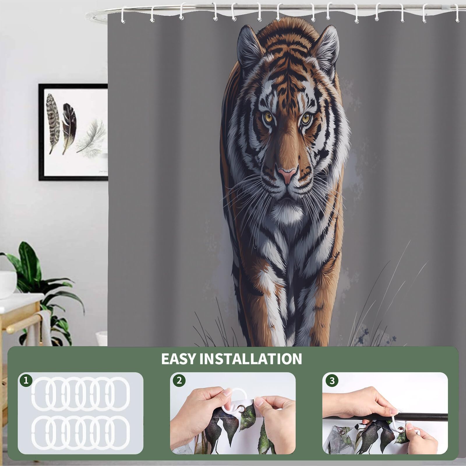 Rideau Douche,Rideau Baignoire Lavable en Machine Rideaux Douche Tissus Lavable Rideau De Baignoire Lavable pour Salle De Bain Domicile Baignoire Famille,Puissant Tigre De Sibérie,