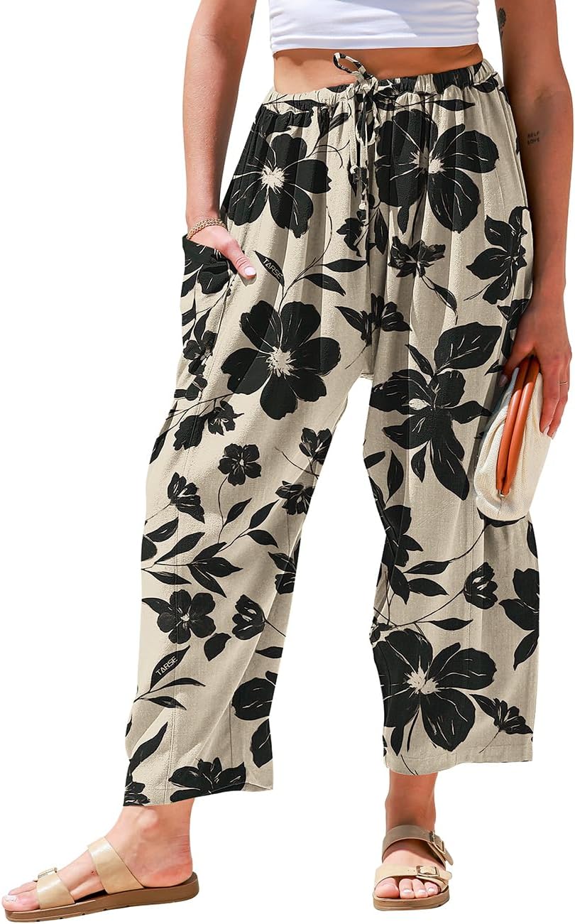 TARSE Womens Linen Wide Leg Pants Casual Loose Drawstring Summer 2025 Beach Travel Vacation Palazzo Harem Pants with Pockets