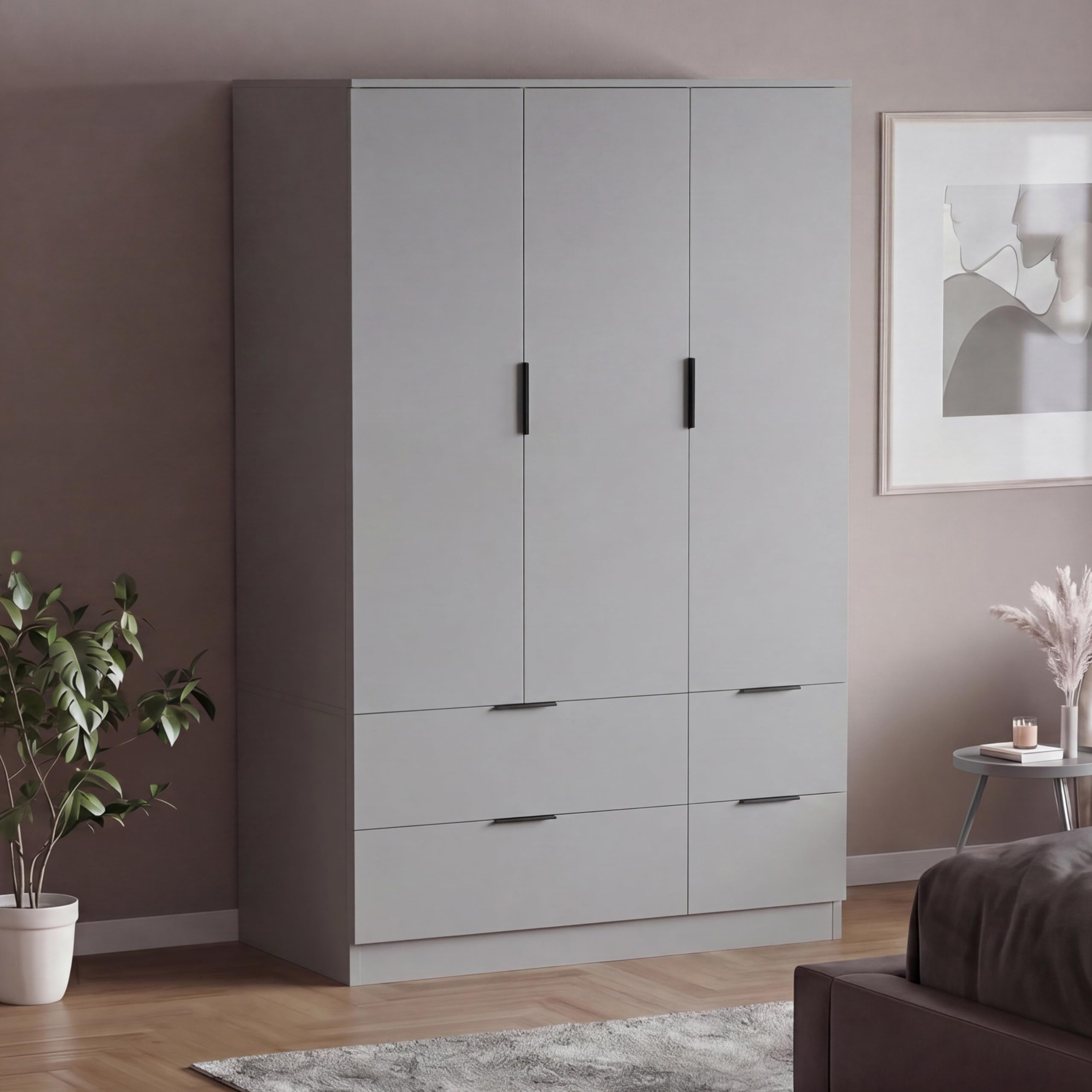 Vida Designs Trega 3 Door 4 Drawer Wardrobe | Grey | Modern Bedroom Furniture | 170H x 108W x 54D cm | With Storage Shelf & Hanging Rail | Large Capacity Storage
