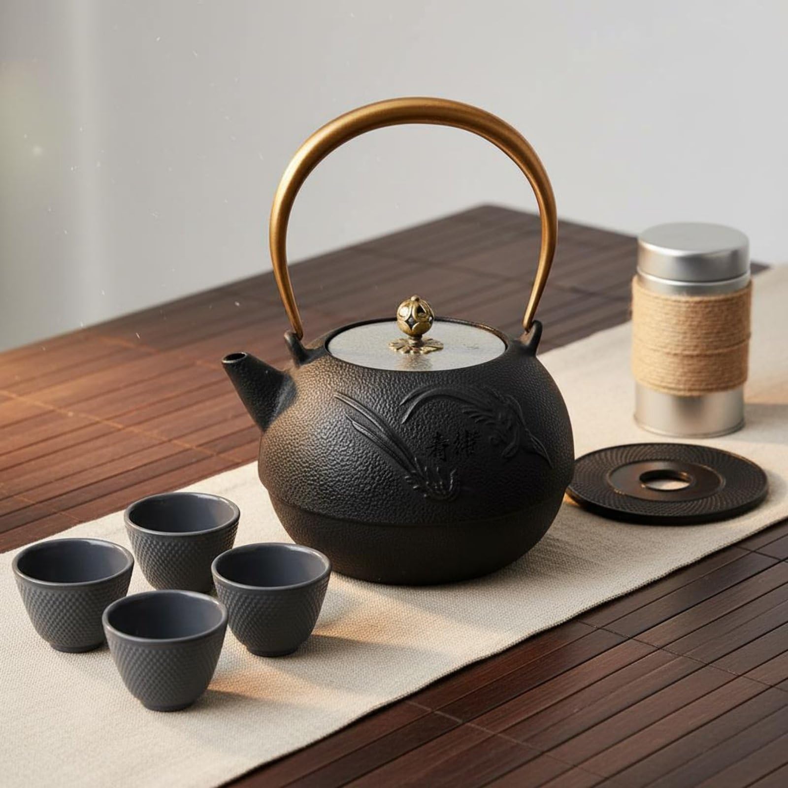 Tetera de Hierro Fundido Tetera Hervidor Caldera Jarra con Calentamiento Uniforme y Conservación de Temperatura Base, Negro, Tetera De Hierro Fundido Con Tapa De Cobre Y Asa