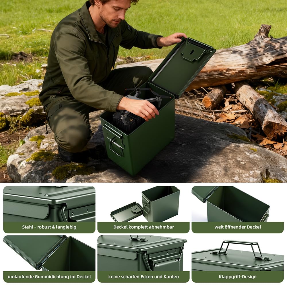 Trucky Munitionsbox Ammo Box 33x19x28 cm Metallkiste Munitionskiste Metallbox Aufbewahrungsbox mit Deckel Army Grün Metall