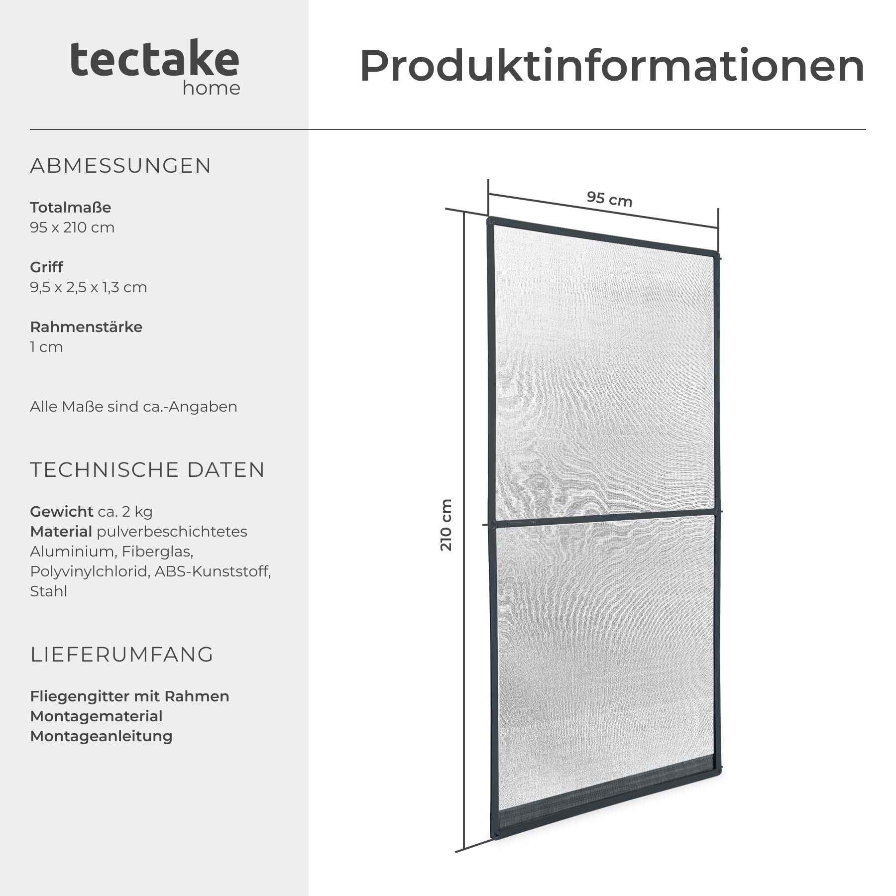 tectake® Fliegengitter für Türen, 95 x 210 cm, Aluminiumrahmen, wetter- und UV-beständig, individuell kürzbares Insektennetz, Schutzgitter, Insektenschutzgitter, Mückenschutz - anthrazit