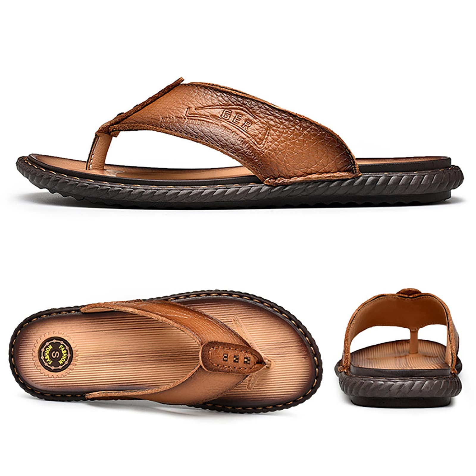 Tongs Hommes Été Cuir Plage Sandales Piscine Pantoufles Chaussures Léger(Size:43 EU,Color:Jaune Marron)