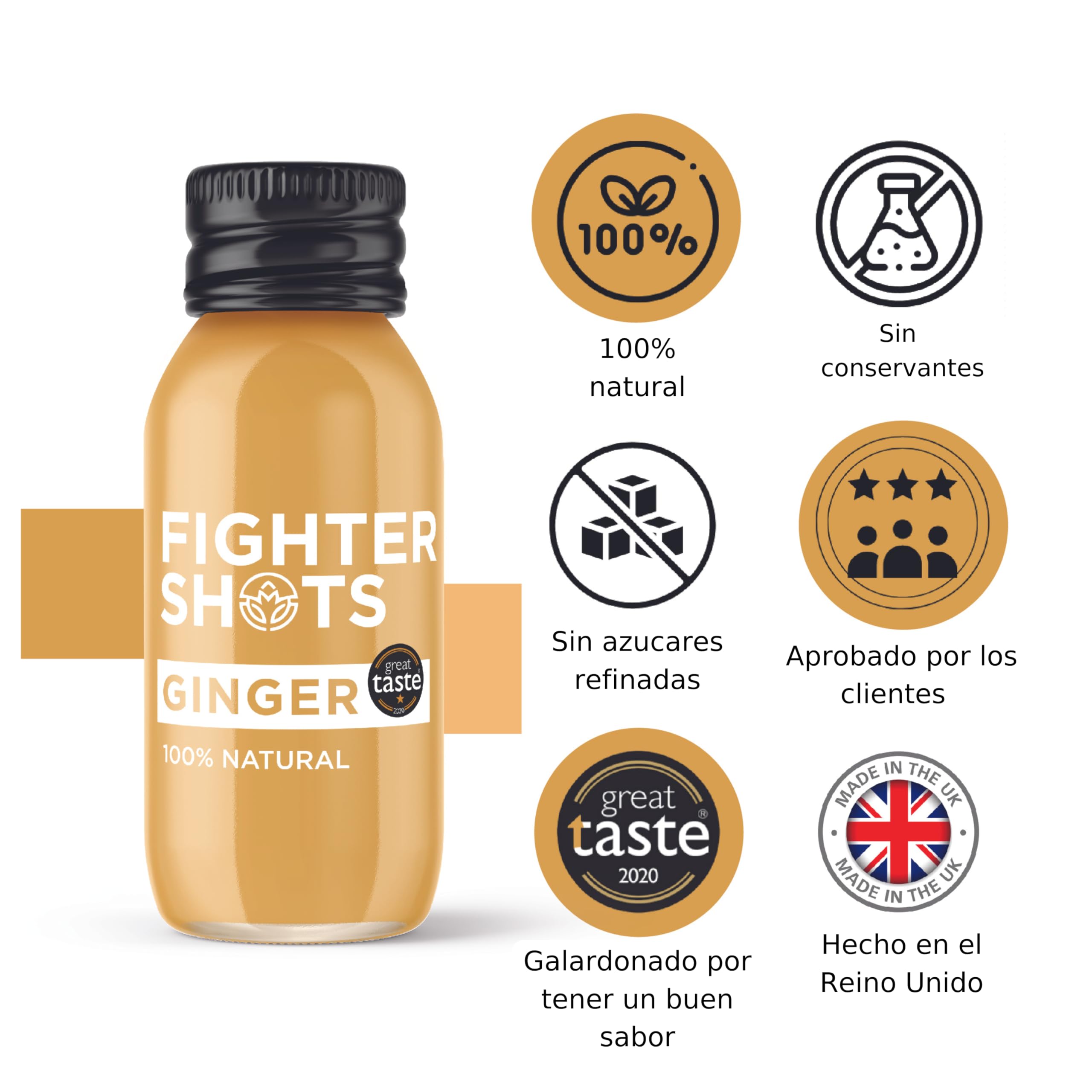 Fighter Shots de Jengibre (12x60ml) | Galardonados frescos e intensos shots de jengibre | Aumenta la Energía | 100% Natural | Sin gérmenes desagradables | Un energizante perfecto