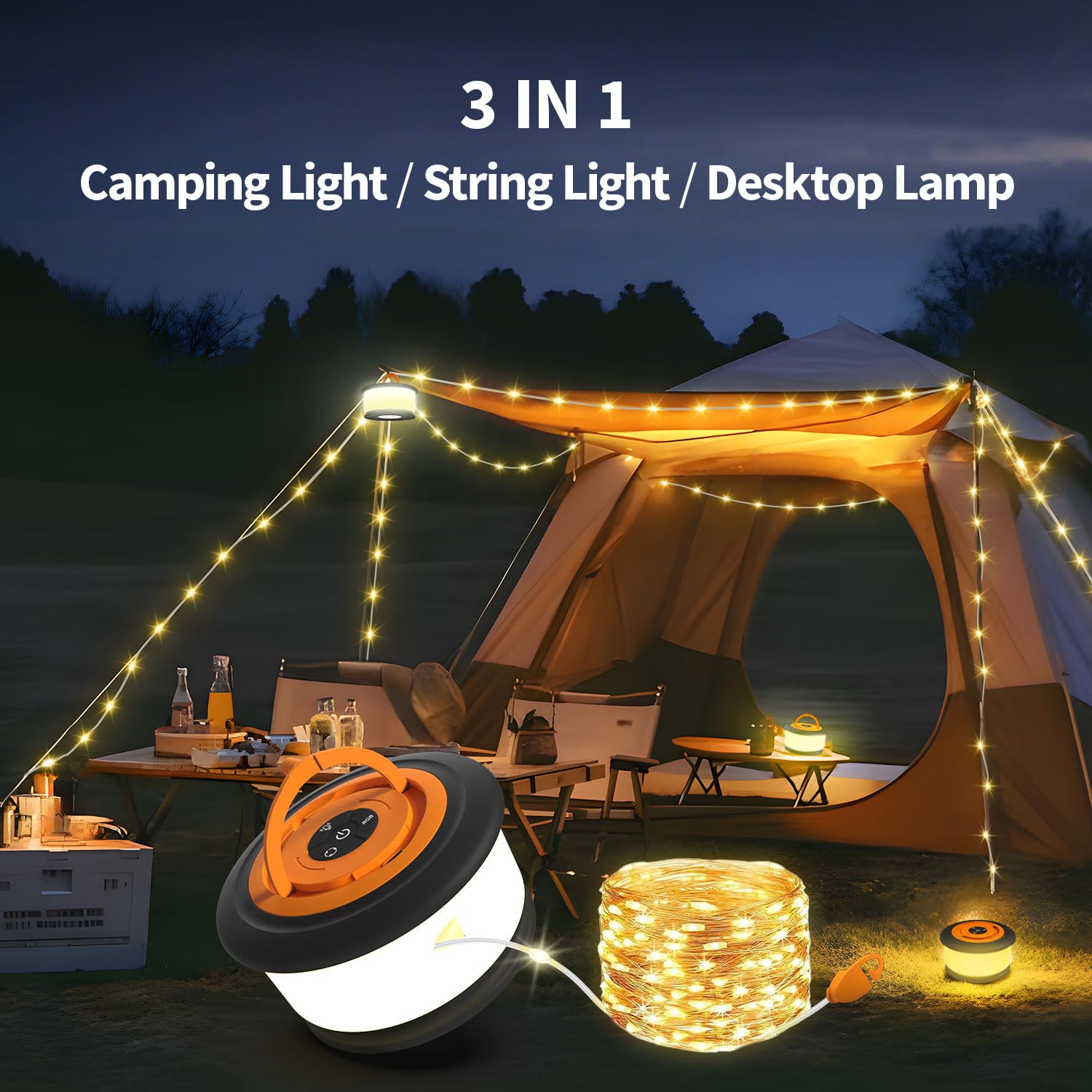 2 x Camping-Lichterketten, 2-in-1, verbessert, 10 m, wiederaufladbare Zelt-Lichterkette mit 19 Beleuchtungsmodi, schnelle Lagerung, tragbare LED-Lampe für Dekoration
