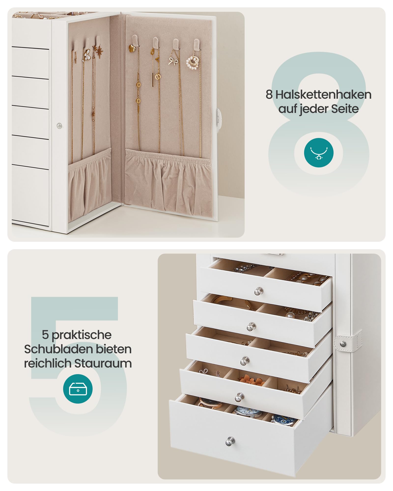 SONGMICS Schmuckkästchen 6 Ebenen, Schmuckkasten mit 5 Schubladen, viel Stauraum, innen mit Spiegel, abschließbar, Schmuckaufbewahrung, Geschenk für Ihre Liebsten, für Uhren, weiß JBC152W01