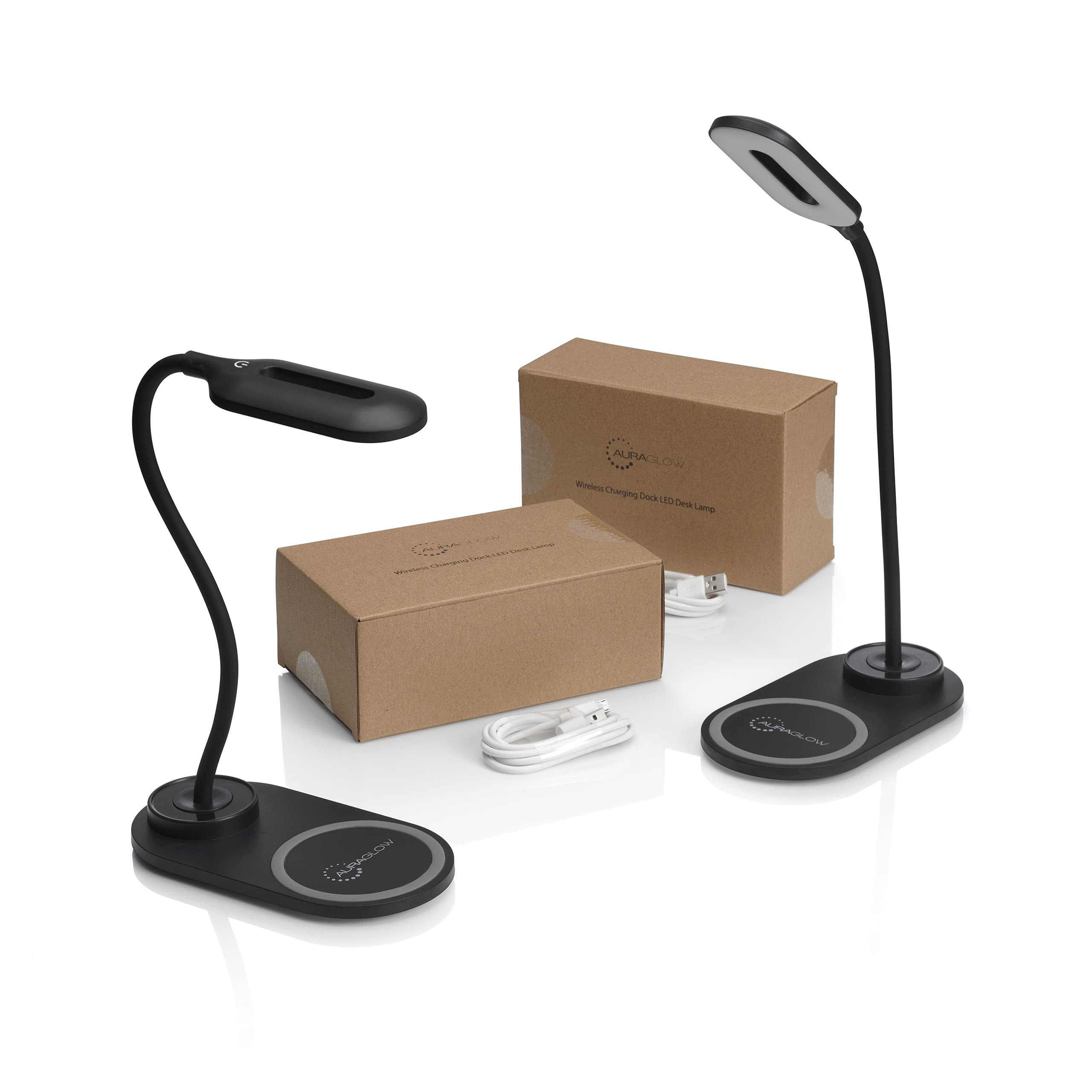 Auraglow Black Led Flexible Neck Desk Lamp With 3 Colour Modes And 10W Wireless Smart Phone Qi Fast Charger - 2 Pack