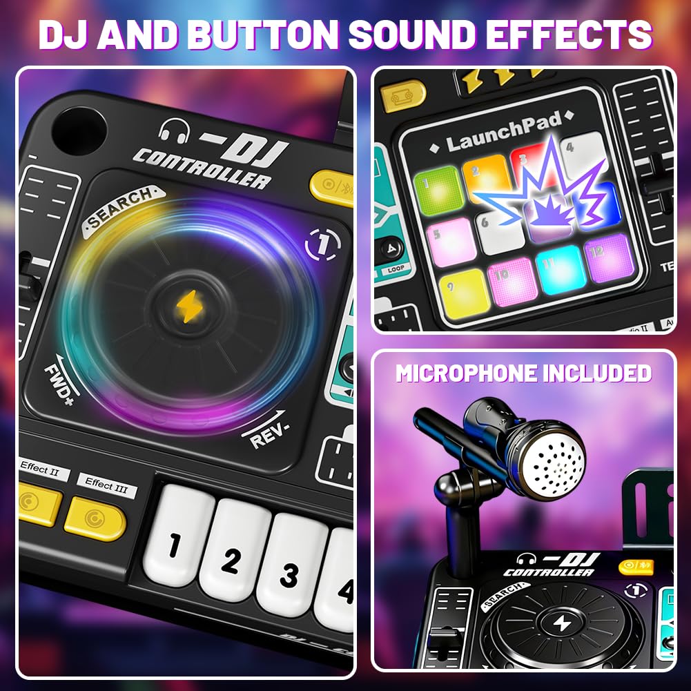 Dj Pult per bambini, mixer DJ con microfono, Dj Pult principianti, mixer Dj bambini, 100+ effetti sonori, luce, regalo giocattolo per ragazzi ragazze 3-10 anni, per streaming, canto