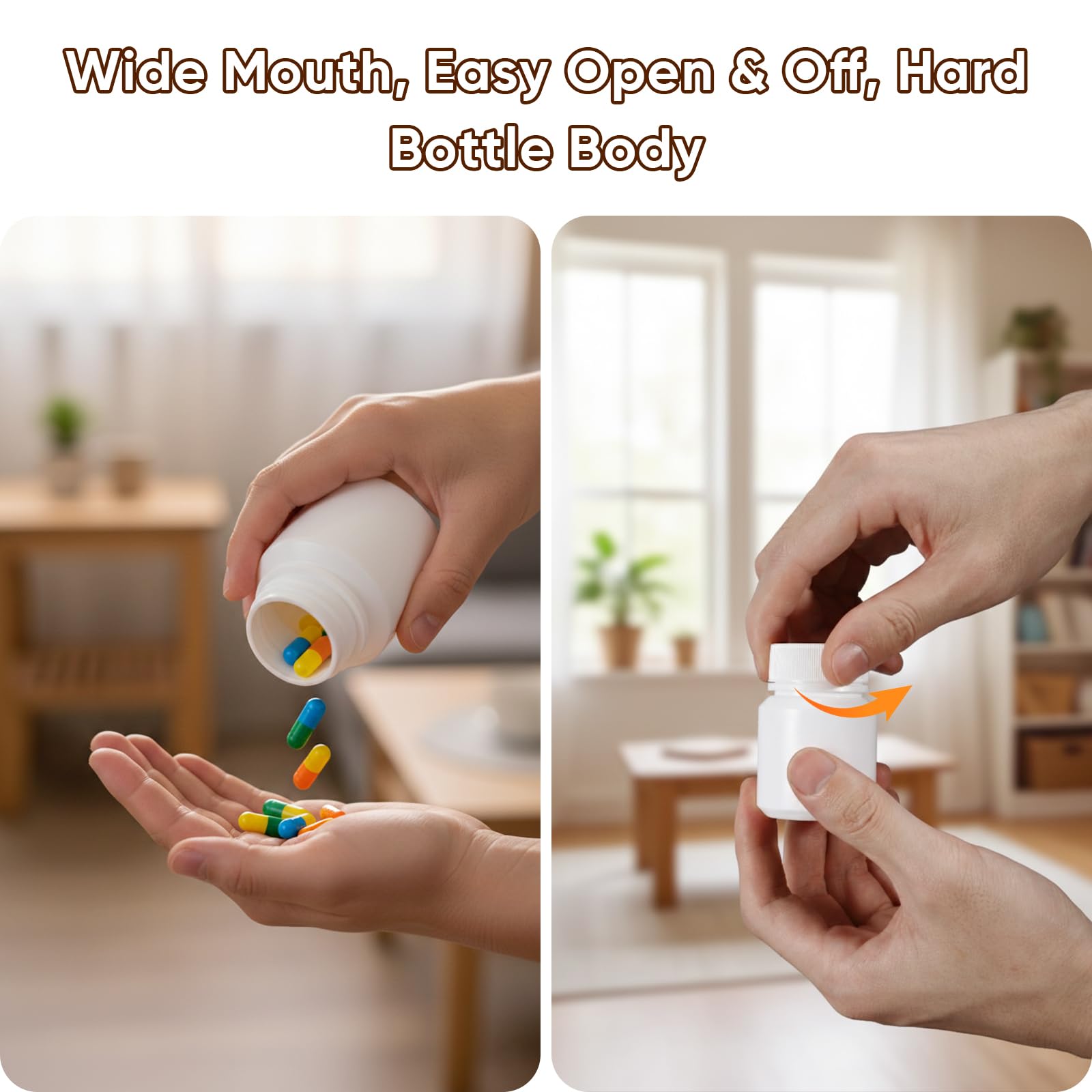 Condition photo showing New/Like New for demora pill bottle empty with screw cap, wide mouth travel small pill bottle plastic medicine containiers medicine organizers for medications capsules (1.7 oz, 10 pcs)