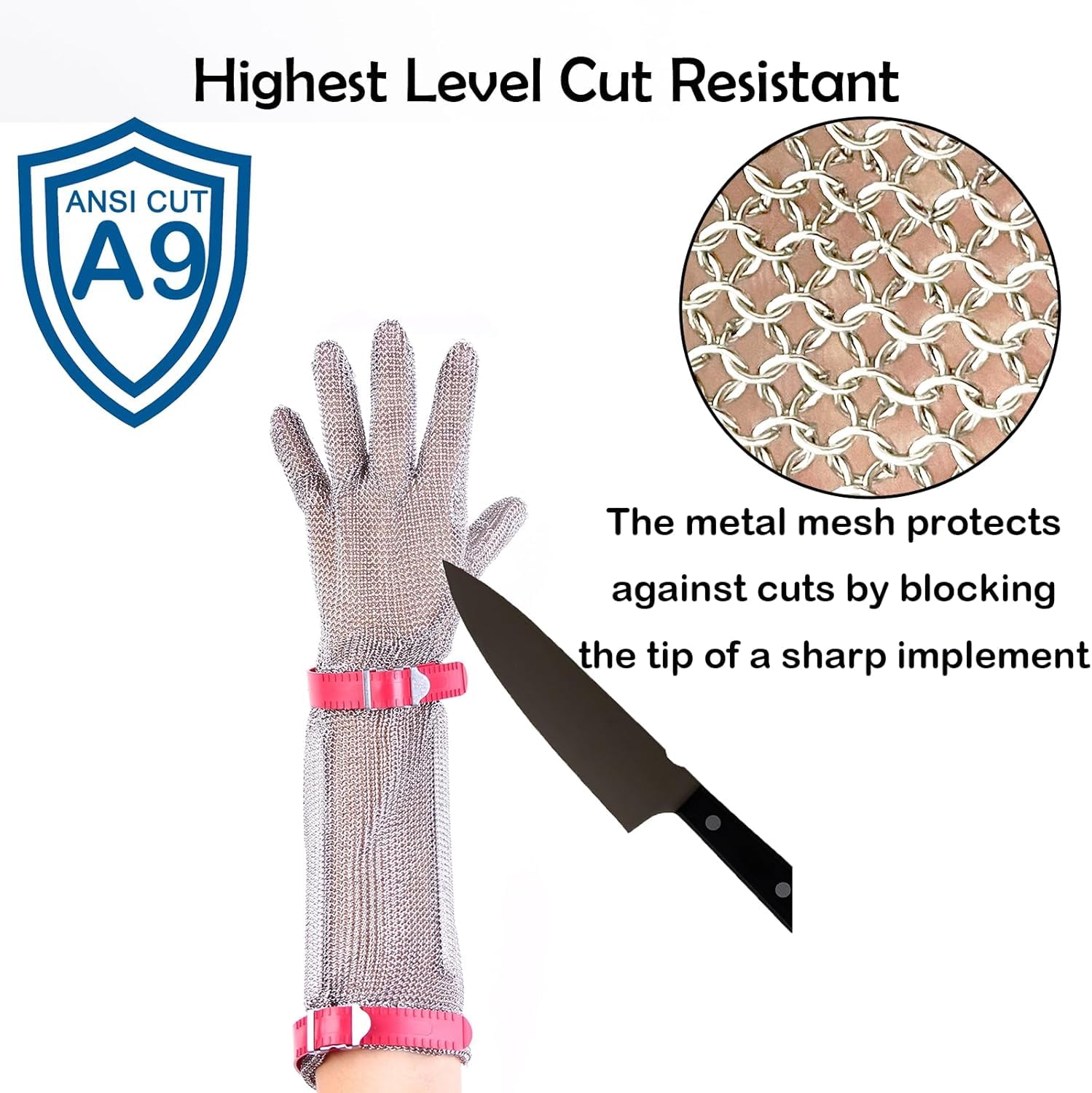 Guantes de acero inoxidable resistentes a cortes, 20 cm de longitud, con muñequera de plástico, alto nivel de protección (L)