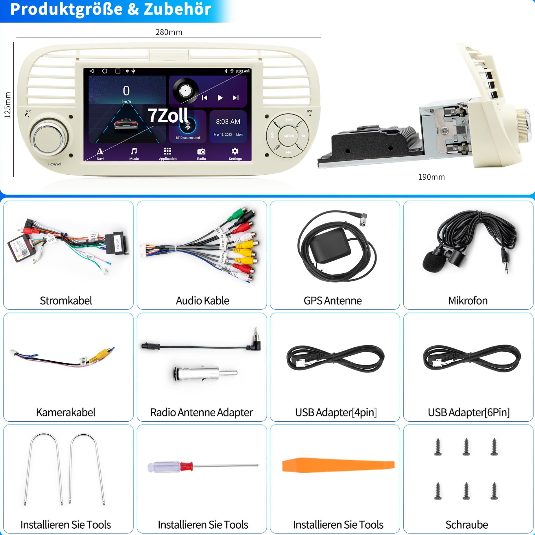 Radio de Coche para FIAT 500 2007-2015, Sistema Android 12, 2G 64G con GPS, Navi, CarPlay, Android Auto, Pantalla táctil IPS de 7 Pulgadas, WiFi, Bluetooth, FM