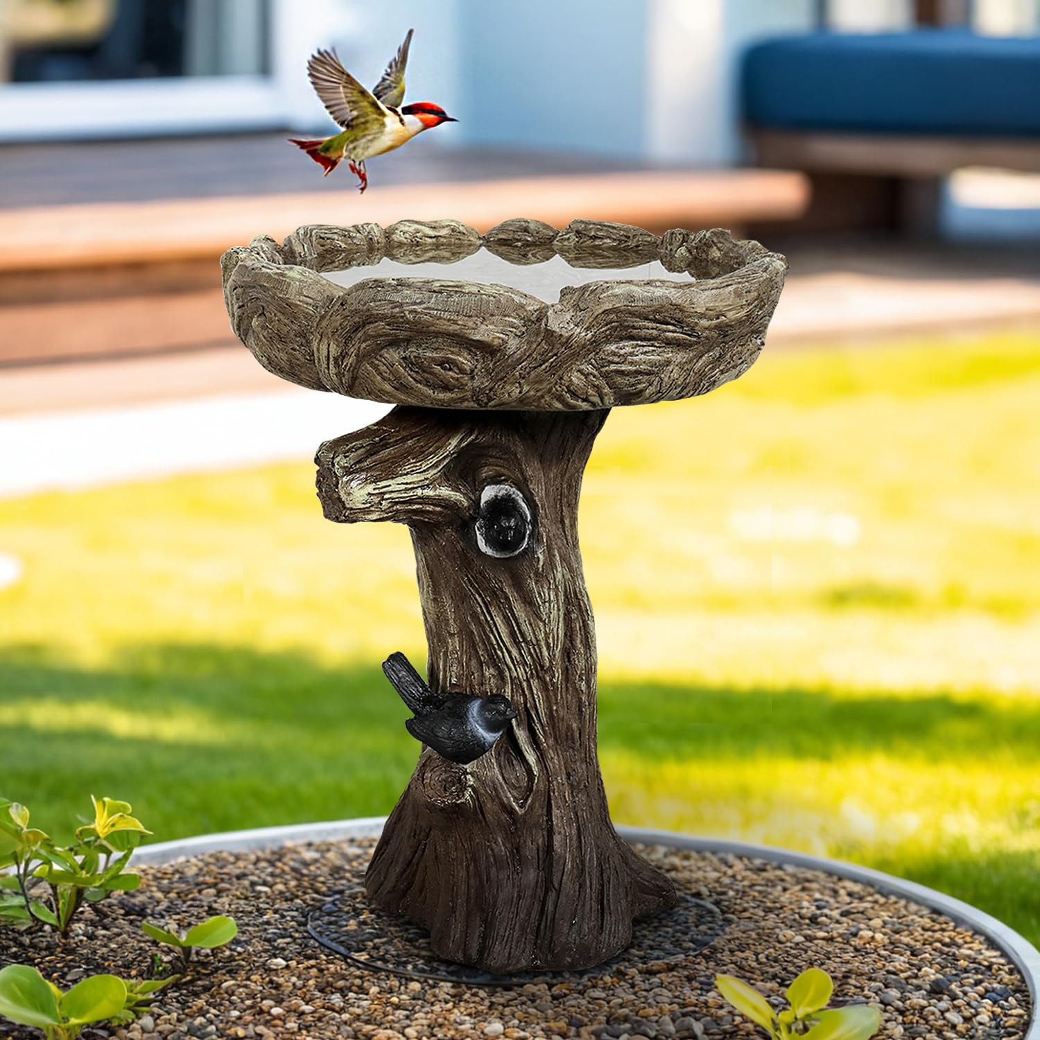 SunJet 23 Inch High Wood-Look Concrete Bird Bath with Decorative Faux Bird – Birdbath Rustic &amp; Long-Lasting Design, Enhances Garden, Patio, Yard, Lawn Decor