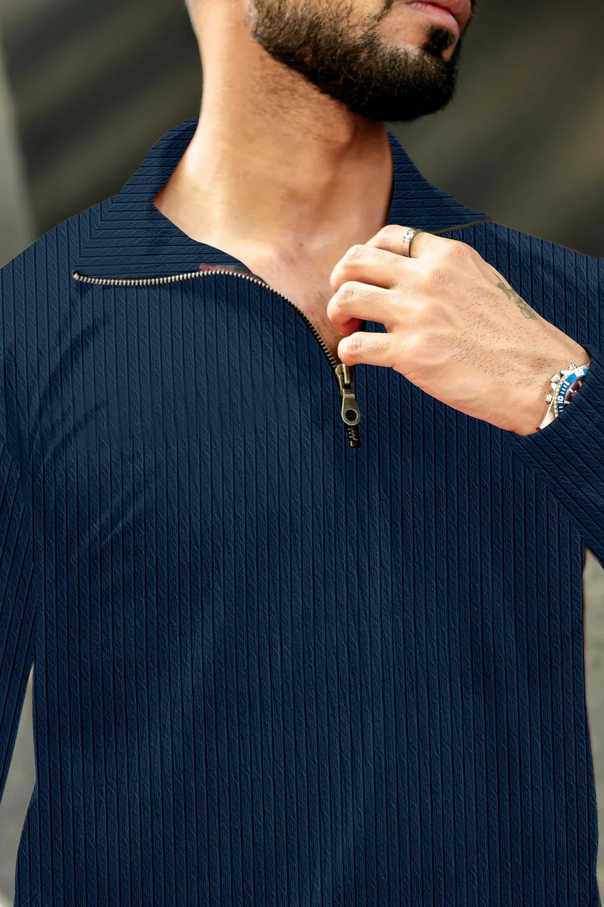 KAJARU Men's Quarter Zip Pullover T-Shirt, Cable Knit Pattern, Full Sleeve (in, Alpha, XL, Airforce) - Image 9 thumbnail