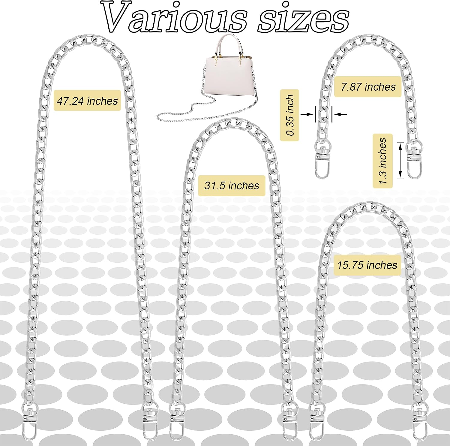 Gondiane 4 Sizes Flat Purse Chain Strap Crossbody Bag Replacement Strap with Metal Buckles(47.2/31.5/15.7/7.9 Inches, Silver)
