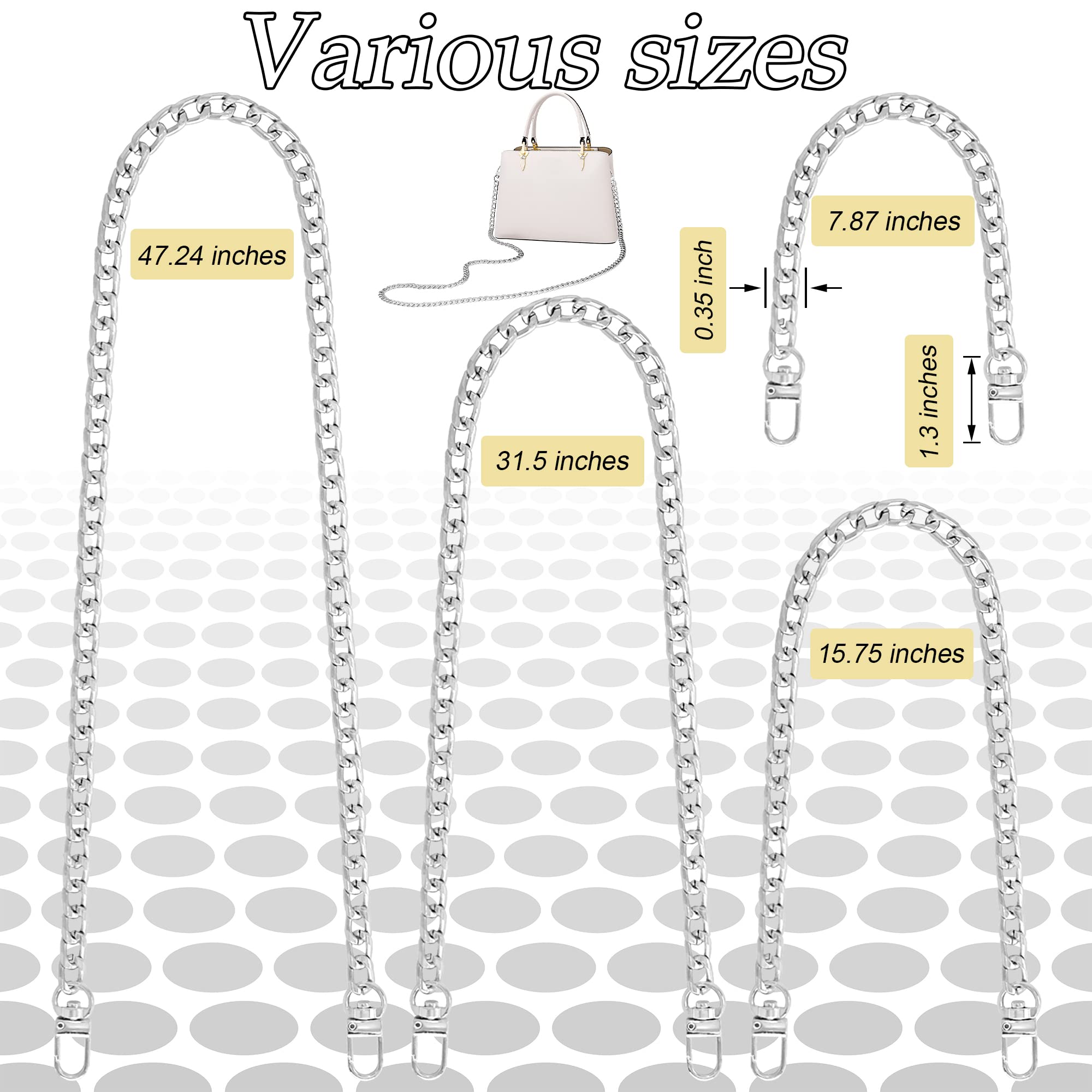 Gondiane 4 Sizes Flat Purse Chain Strap Crossbody Bag Replacement Strap with Metal Buckles(47.2/31.5/15.7/7.9 Inches, Silver)