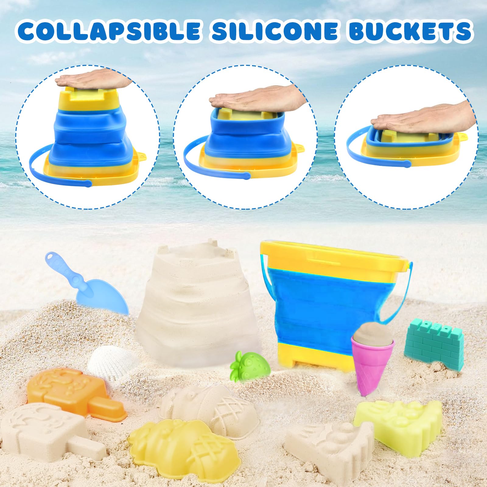 35 Piezas Juguetes de Playa para Niños, Juegos Playa Niños con Cubo Playa Plegable, Bolsa Malla Reutilizable, Pala de Arena, Moldes de Arena, Juguetes al Aire Libre para 3 4 5 Años