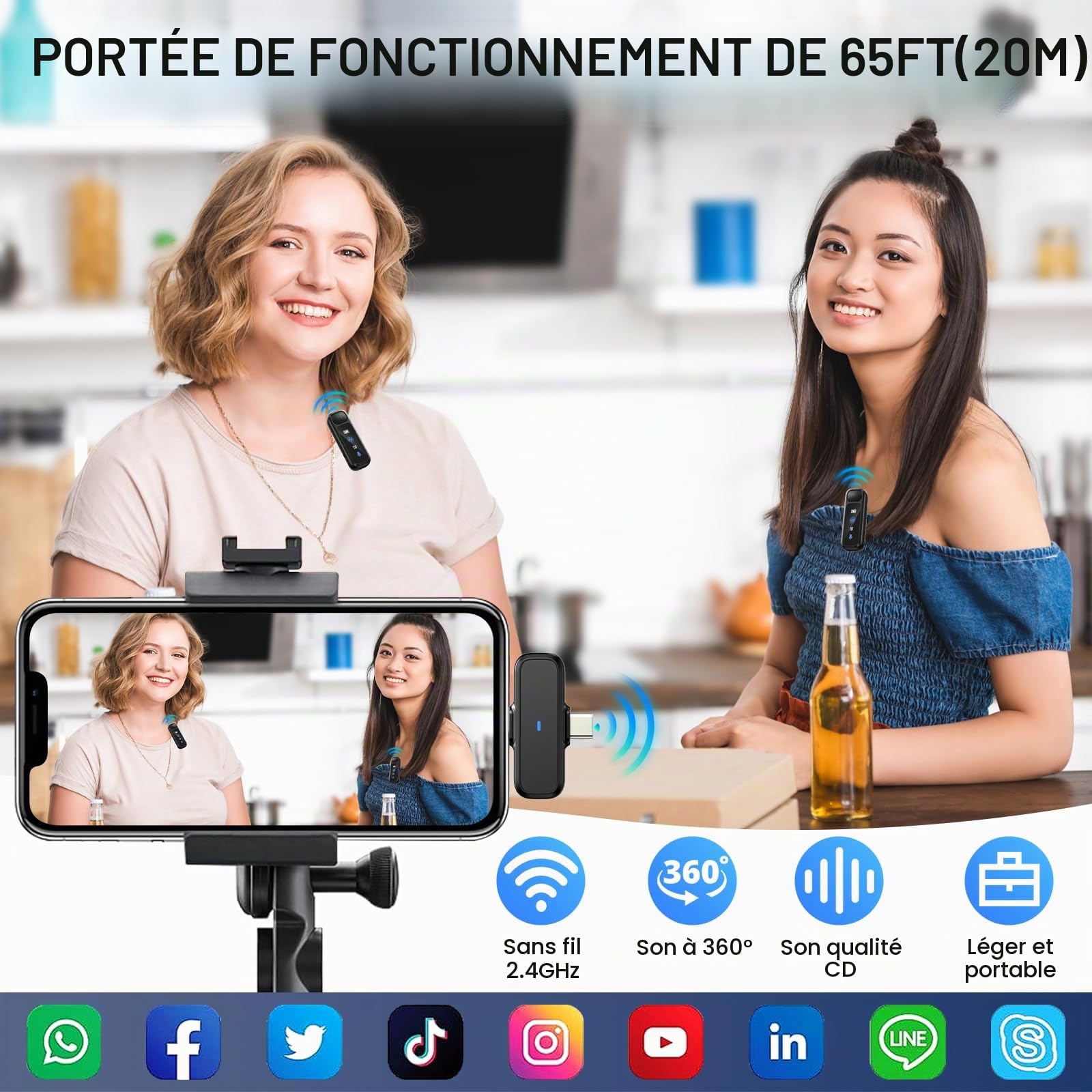 Micro Cravate sans Fil,Professionnel pour iPhone iPad USB, Boîtier de chargement avec écran,Annulation du bruit par DSP -Plug & Play Mini Clip-on Microphone Lavalier,pour Enregistrement Vidéo,Vlogging
