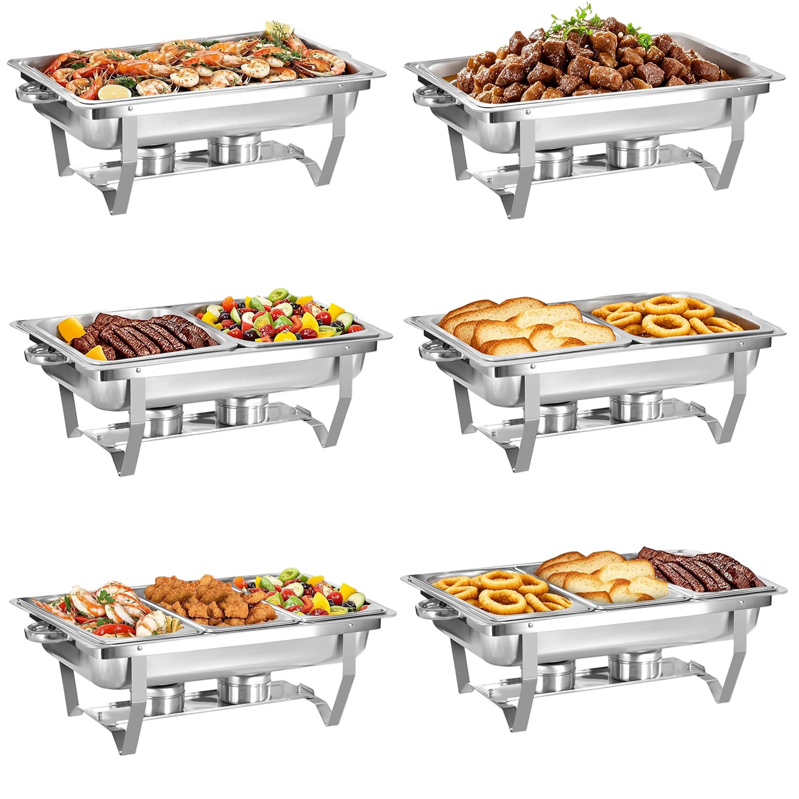Paquete de 6 platos para bufé de calentadores de alimentos de acero inoxidable de 9 cuartos de galón y calentadores de buffet, juegos de chafers de catering comercial, 12 sartenes (tamaño