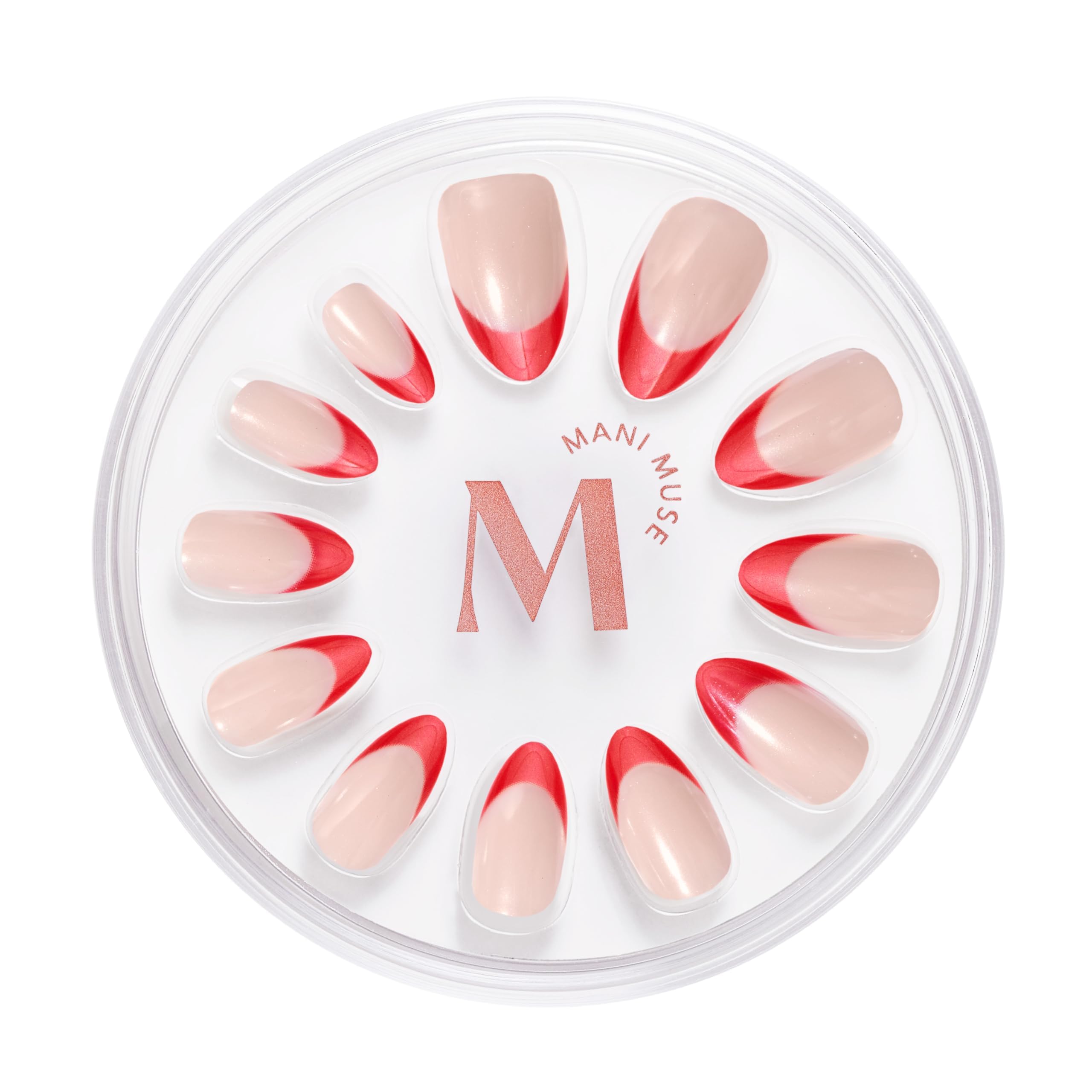 Mani Muse Glazed Red French Manicure Press-On Nails – 30 Reusable, Long-Lasting Glue-On Short Almond Nails for Salon-Quality Home Manicure (Sleigh