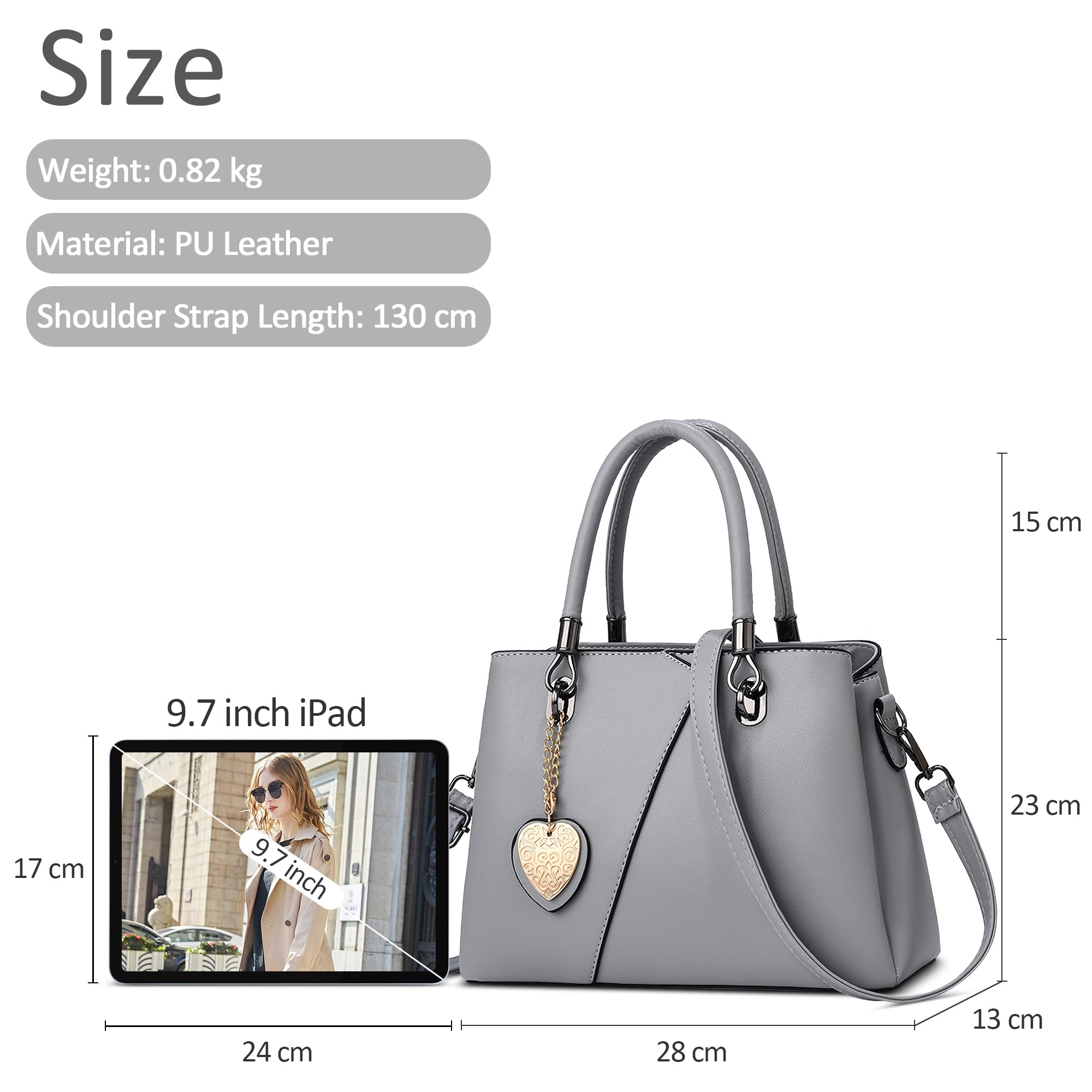 Élégant Sac à Main Femmes Medium PU Cuir Sac à Poignée Sac à Bandoulière avec Mode Pendentif Sac Fourre D'épaule pour Voyage Travail Achats Quotidien Date Femme Sac à Messager Gris