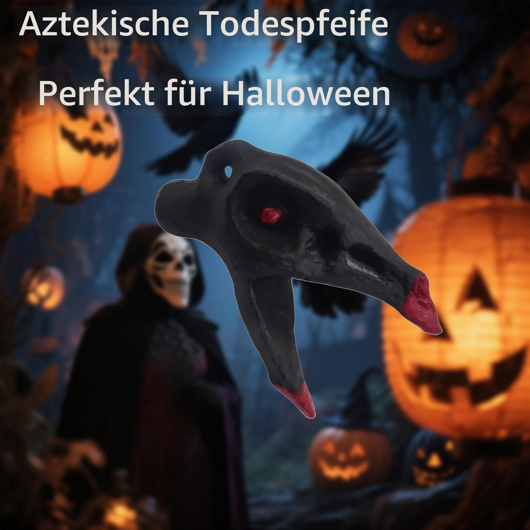 Aztekische Todespfeife lauteste – authentische handgefertigte schreiende Pfeife mit einzigartigem Krähenschädel-Design, Harz, Rabe, Todespfeife (schwarz)