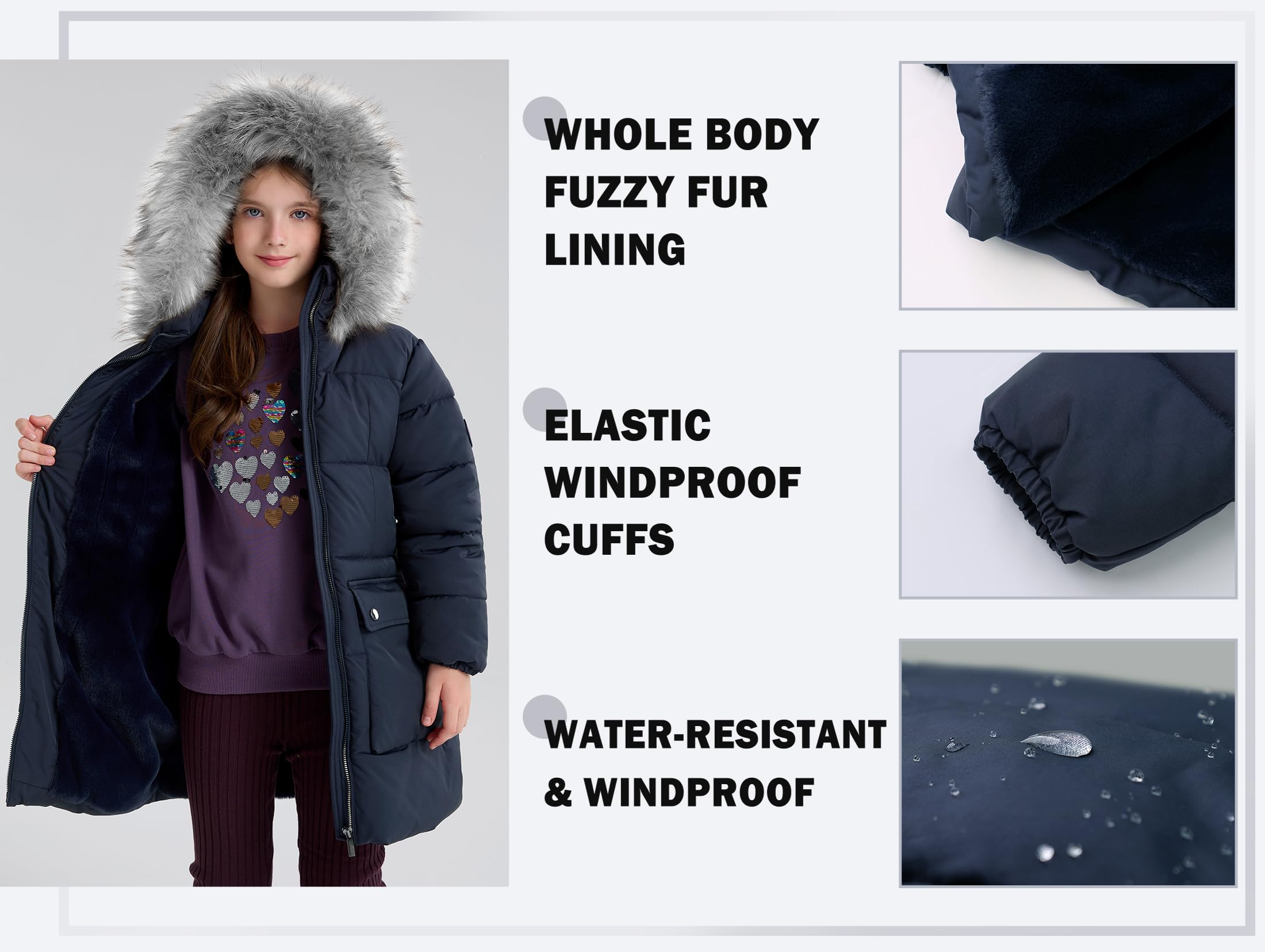 maoo garden Abrigo de Invierno Acolchado para Niñas Parka de Nieve de Plumón de Imitación de Peso Pesado Chaqueta Resistente al Agua de Piel Borrosa