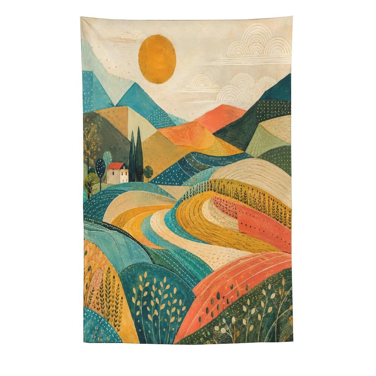 W7C8U2X3 Colorful Rolling Fields Wall Tapestry, Geometric Art, Sunlit Hills